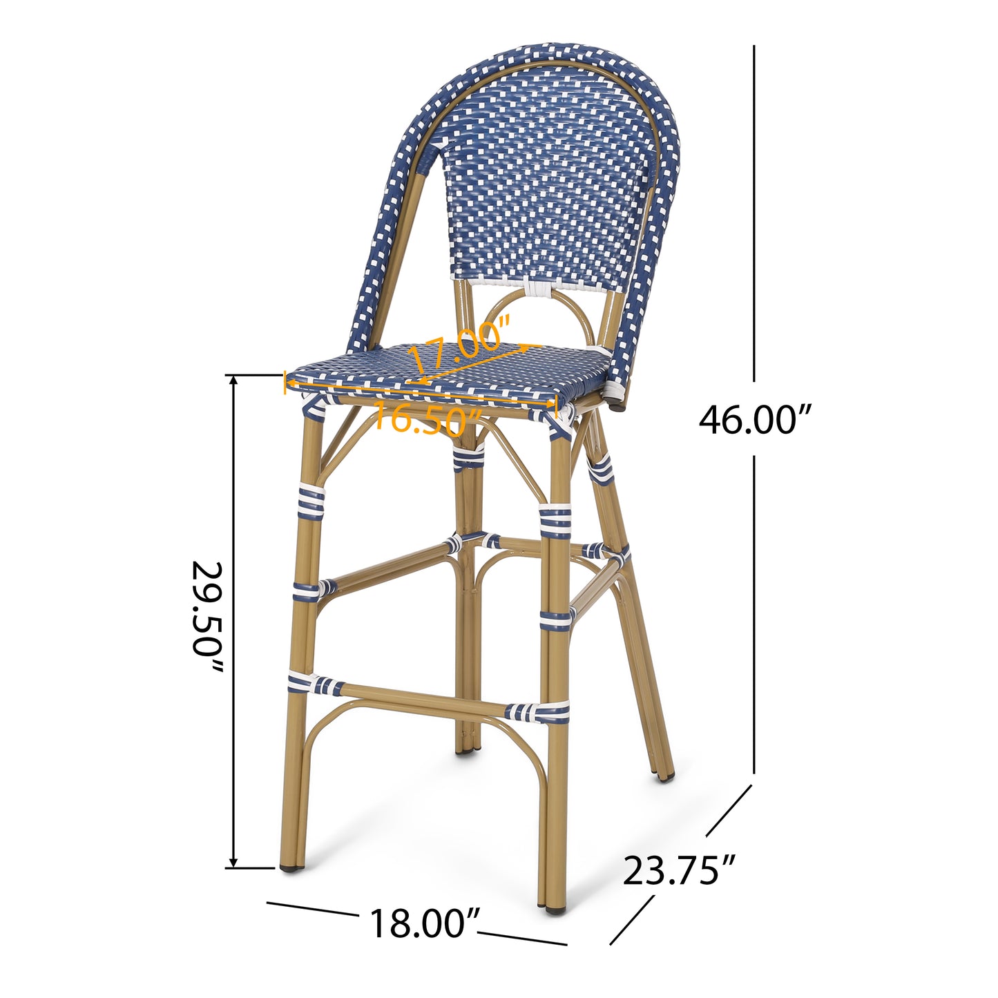29.5" Outdoor PE Rattan French Barstool, Dark Teal and White, Aluminum Frame with Bamboo Finish (Set of 2)