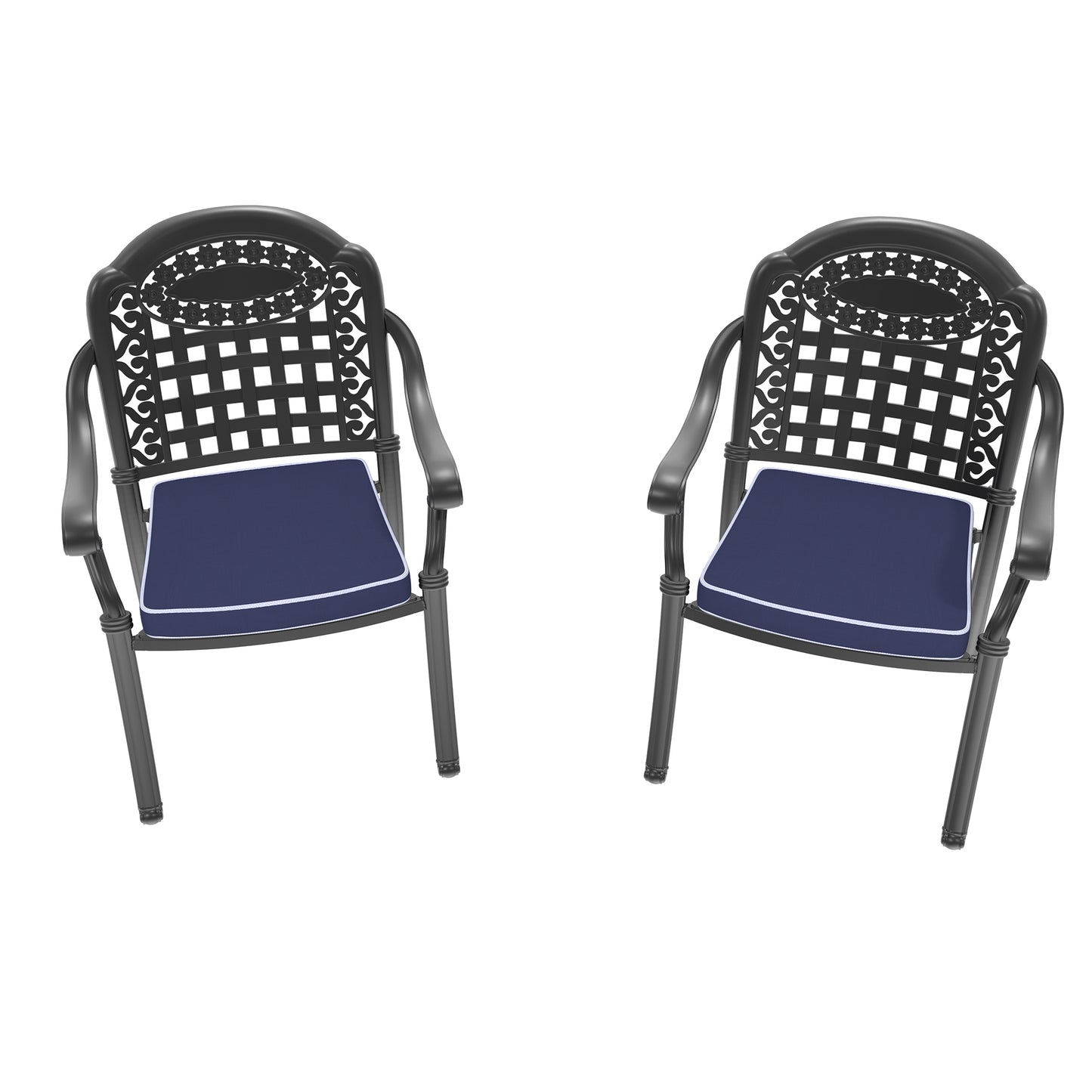 Cast Aluminum Patio Dining Chair 2PCS With Black Frame and Blue Cushions (same sku: W171091759)