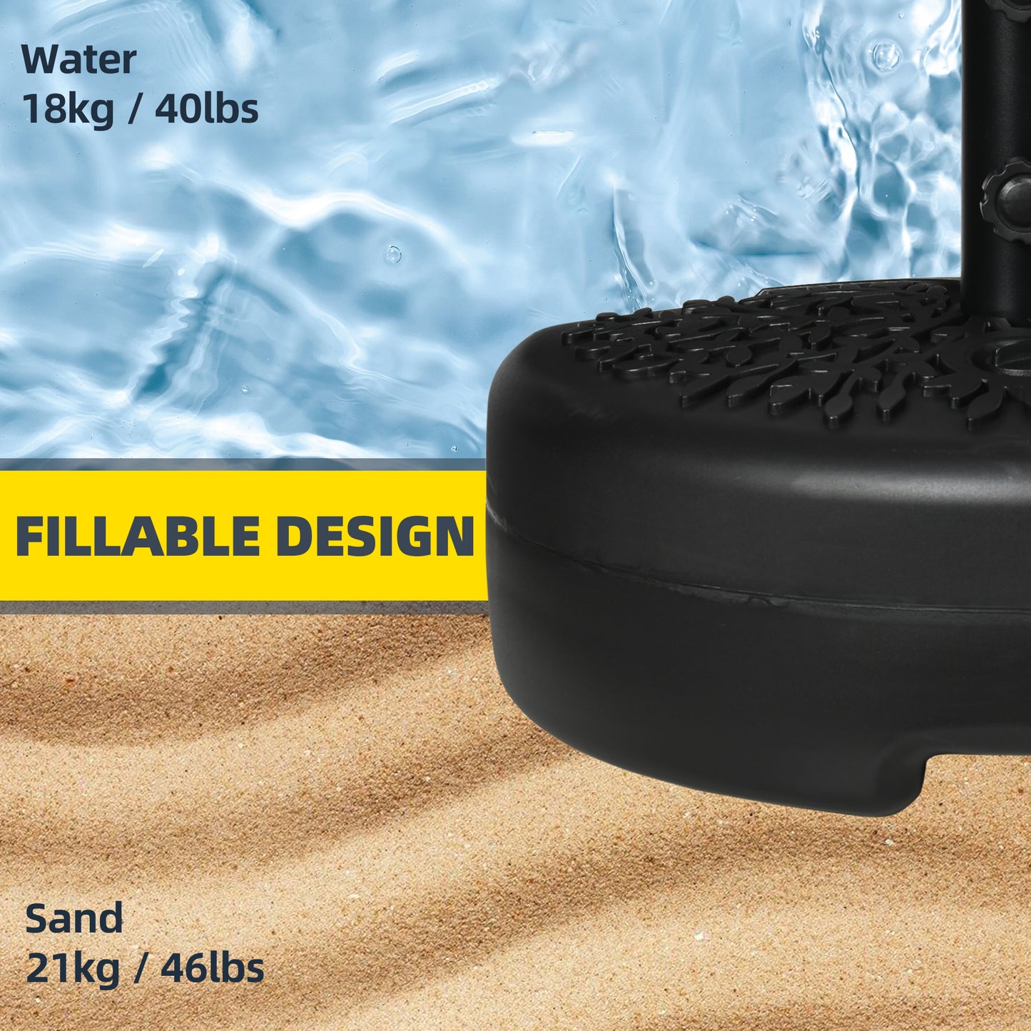 Outsunny Half Round Umbrella Base, Sand or Water Filled Half Patio Umbrella Stand Holder for Lawn, Deck, Backyard and Garden, 40lb Capacity Water or 46lb Capacity Sand, Fit 1.5"or 2" Pole, Black