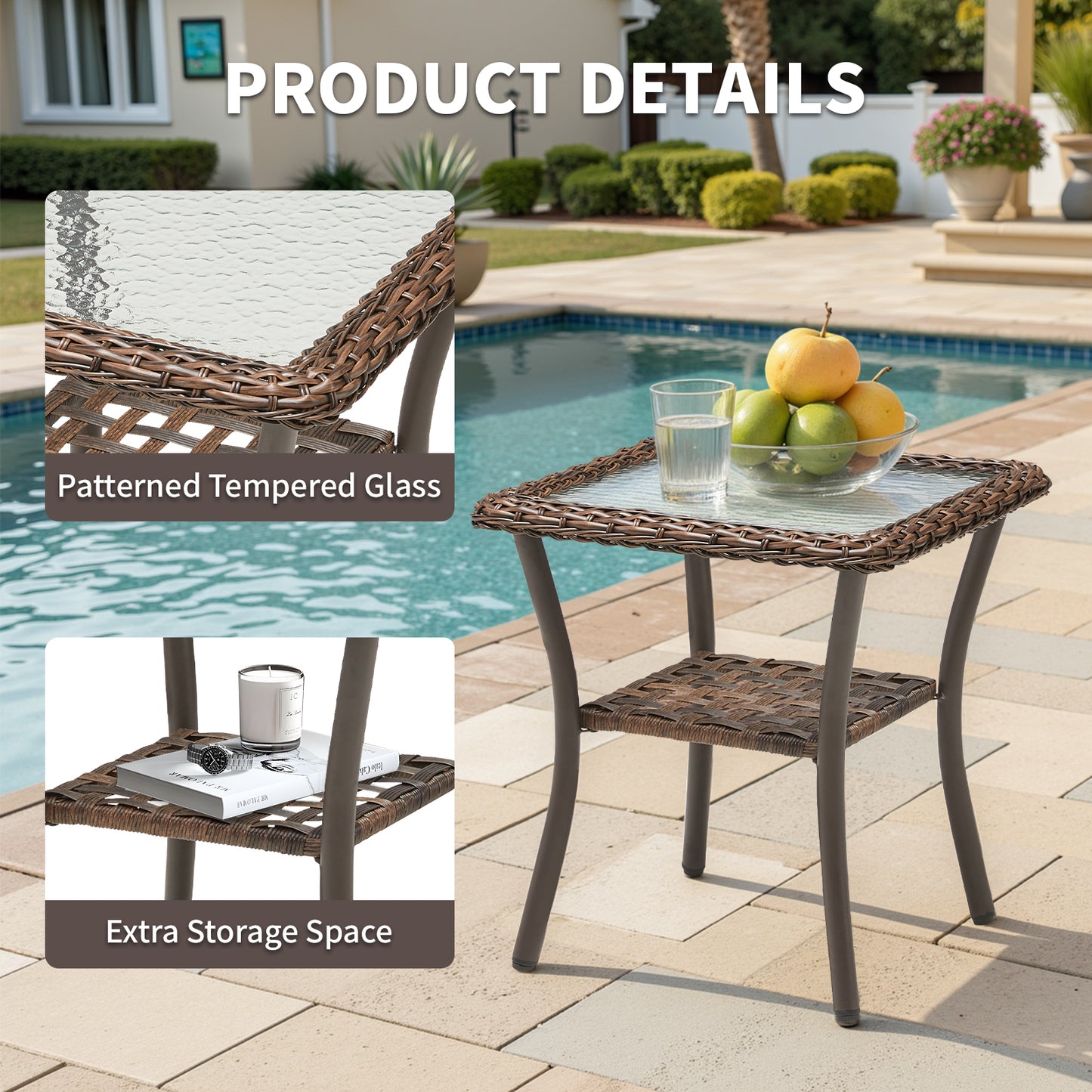 Outdoor Wicker Side Table,20x20x20 inch All Weather Rattan Small Patio Table Square End Table for Pool Balcony Deck Porch, Brown