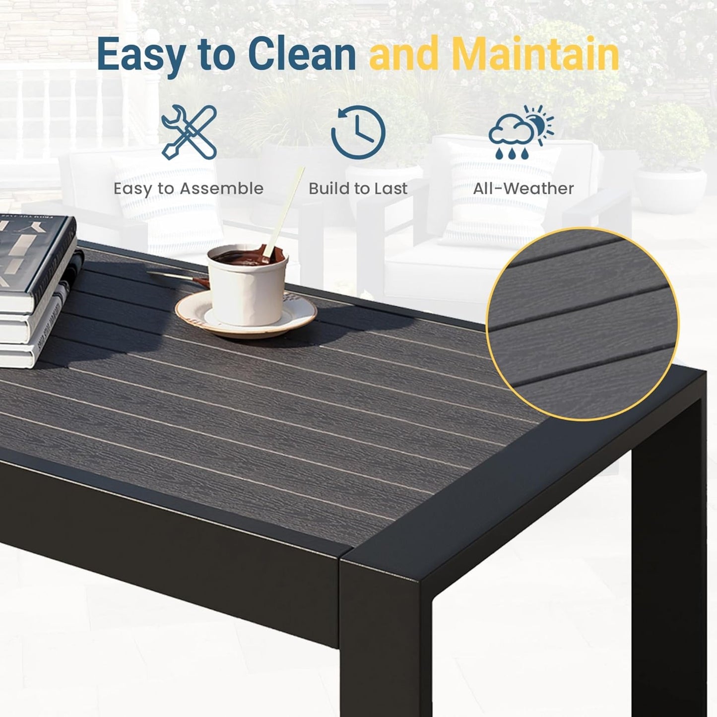 43" All-Weather Aluminum Patio Coffee Table, Modern Black Rectangle Outdoor Table