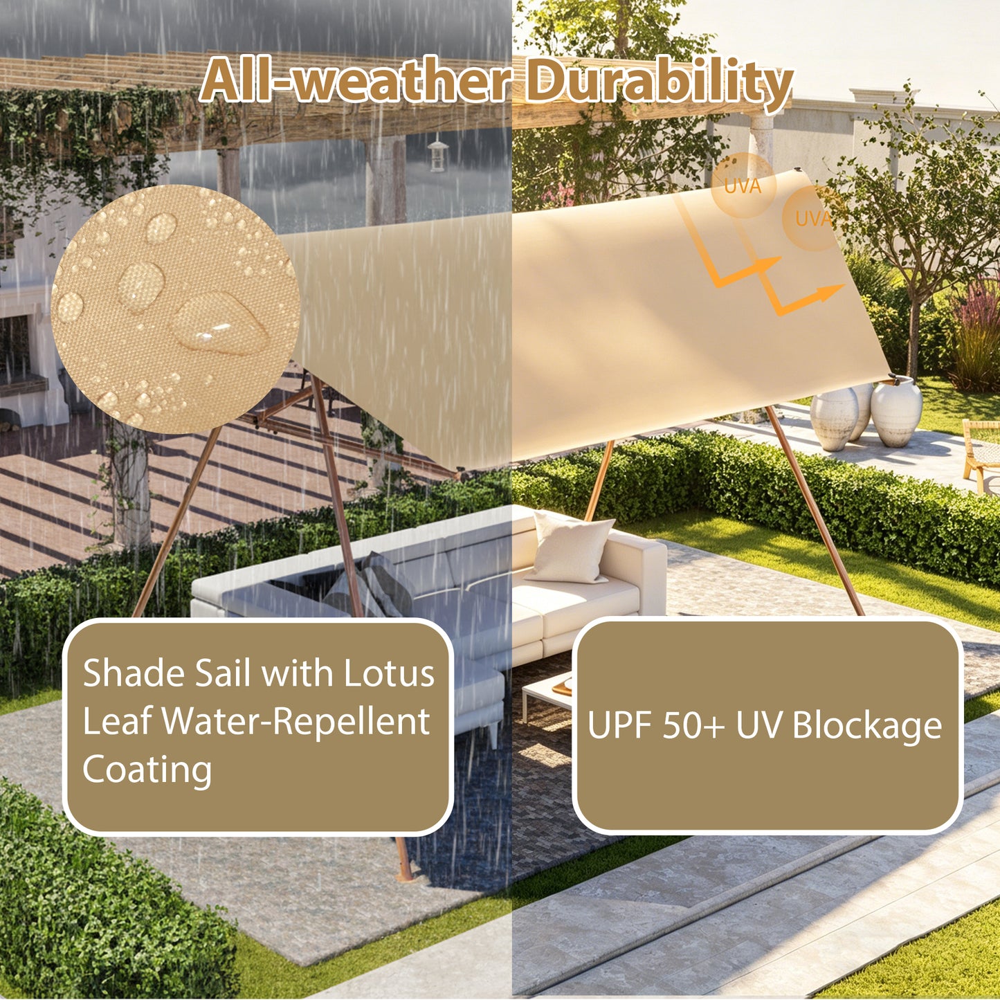 Hexagonal Shade Sail Canopy, Large 206"x118" UV Block Sun Shade with UPF 50+, Waterproof High-Density Polyester Fabric, Brown Rust-Resistant Poles & Built-in Hooks for Patio Backyard – Light Khaki