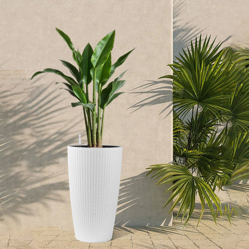 2-Piece Wicker Outdoor Planter Set with Water Level Monitoring Inner Bucket for Gardens, Patios, and Backyards, White