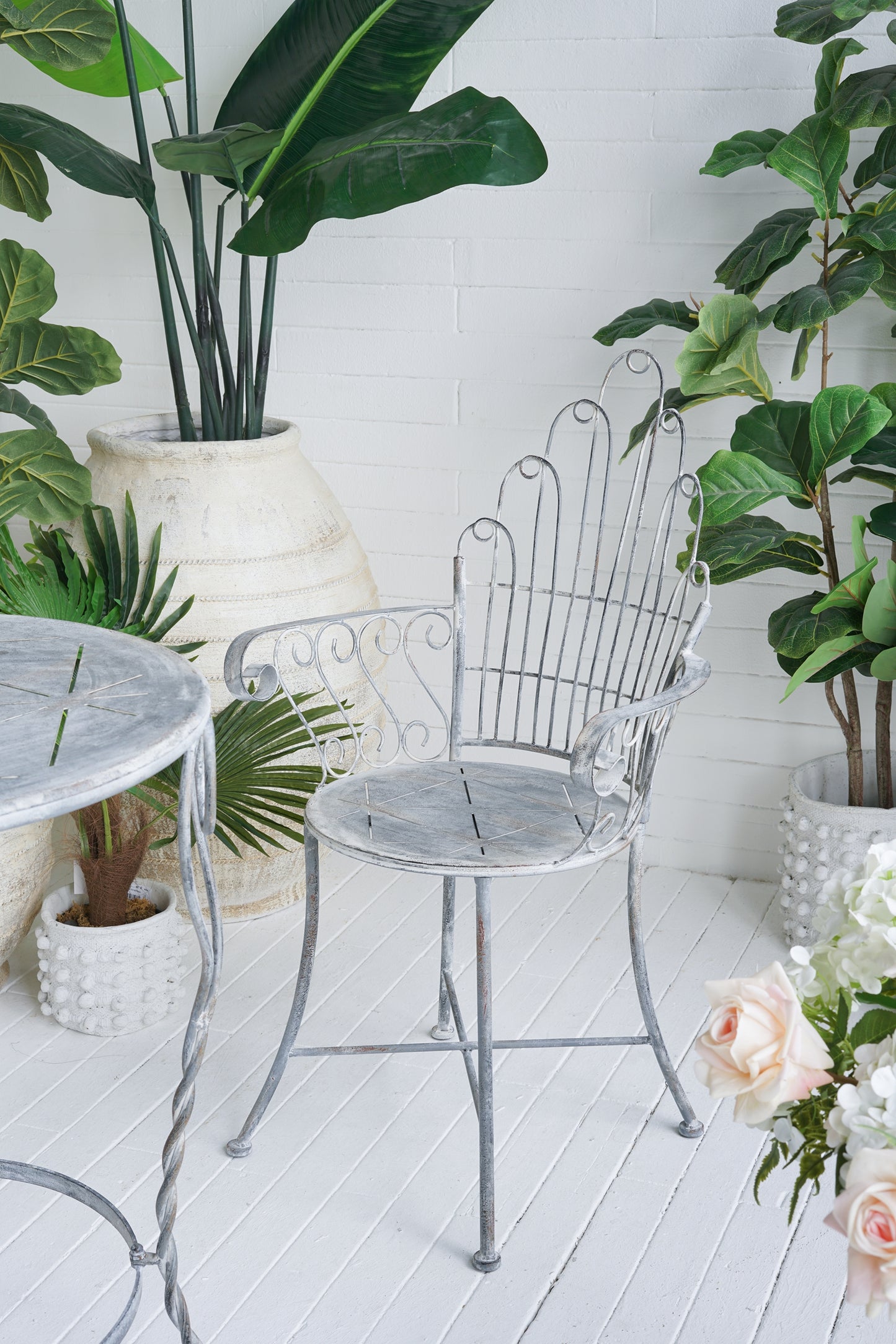 23x22x38" Distressed Silver Finish Iron Accent Chair, French Country Armchair, Outdoor Garden Seating