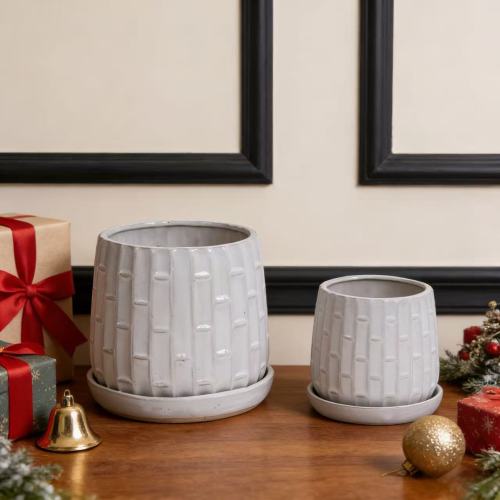 5 in. and 7 in. White Garden Ceramic with Tray Planter (2-Pack)
