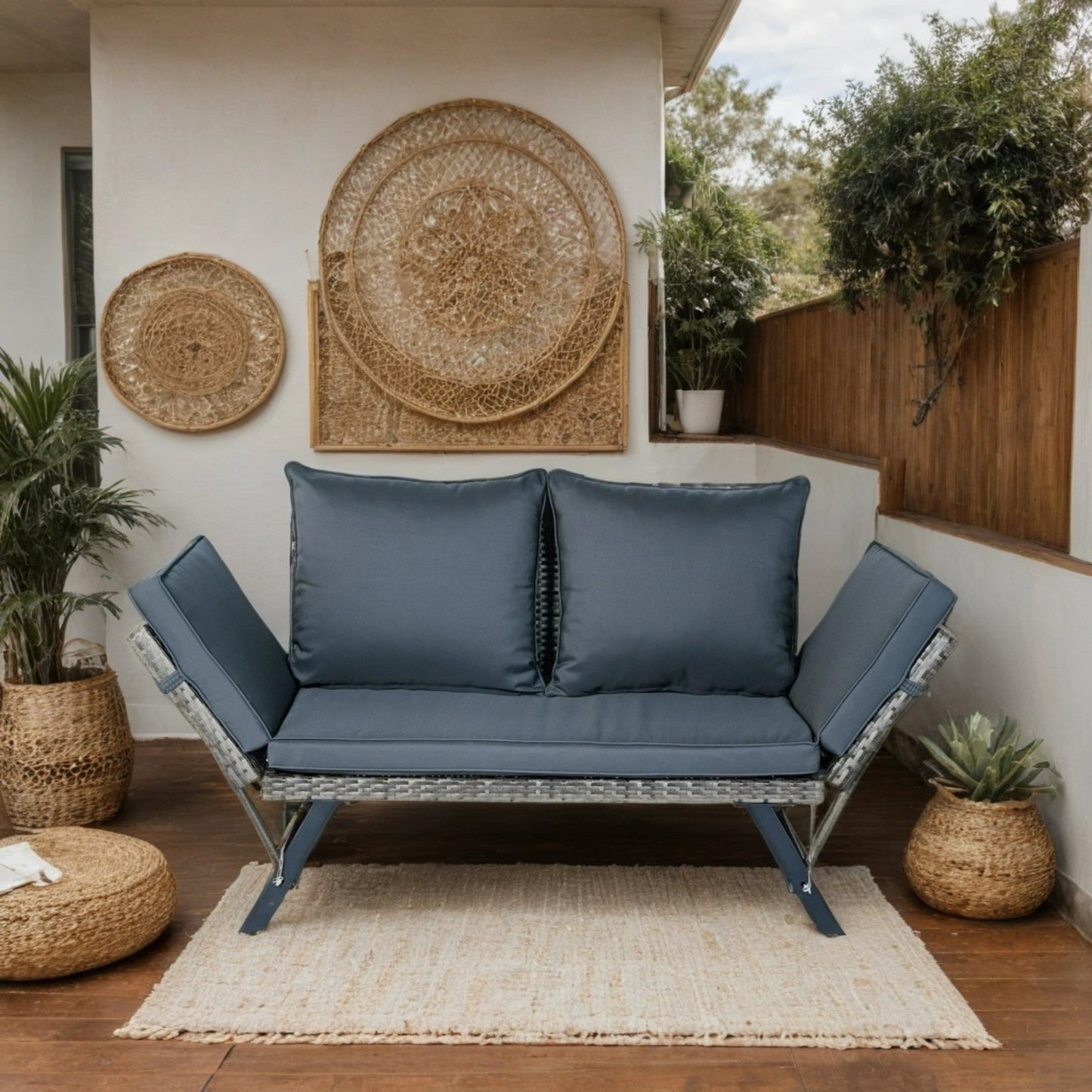 1 PCS Patio Wicker Side Foldable Bench Patio Backyard Conversation Bench Grey Wicker + Dark Grey Cushion