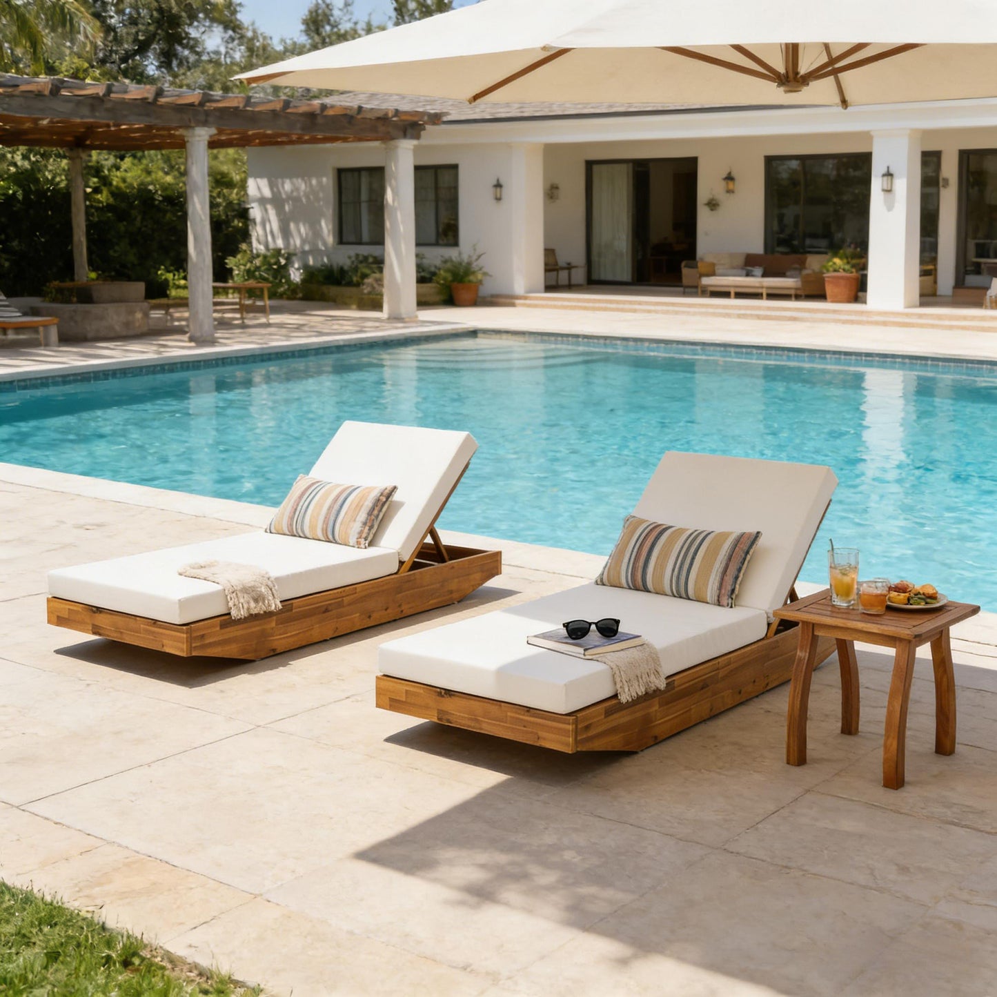 Acacia Wood Chaise Lounge with Cushion - Teak Finish Outdoor Recliner with  Cream Water-Repellent Cushion, 79.6" L x 29" W, 300 lbs