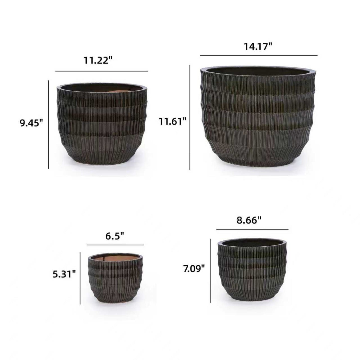 Handmade Dark Coffee Ceramic Planter Set of 4 (6.5" to 14.17" Length), Indoor/Outdoor Flower Pot for Succulents, Herbs by Window, Couchside - Breathable Clay with Drainage