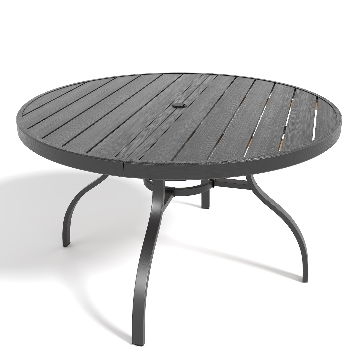 Round Faux Wood Slat Patio Table 47" with Umbrella Hole, Realistic Wood Grain Top + Matte Black High-Quality Iron Legs, Rust-Resistant Outdoor Dining Table for Garden Patio Balcony