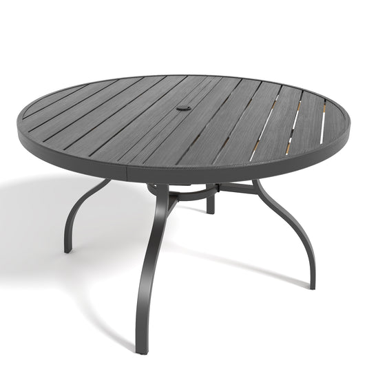 Round Faux Wood Slat Patio Table 47" with Umbrella Hole, Realistic Wood Grain Top + Matte Black High-Quality Iron Legs, Rust-Resistant Outdoor Dining Table for Garden Patio Balcony