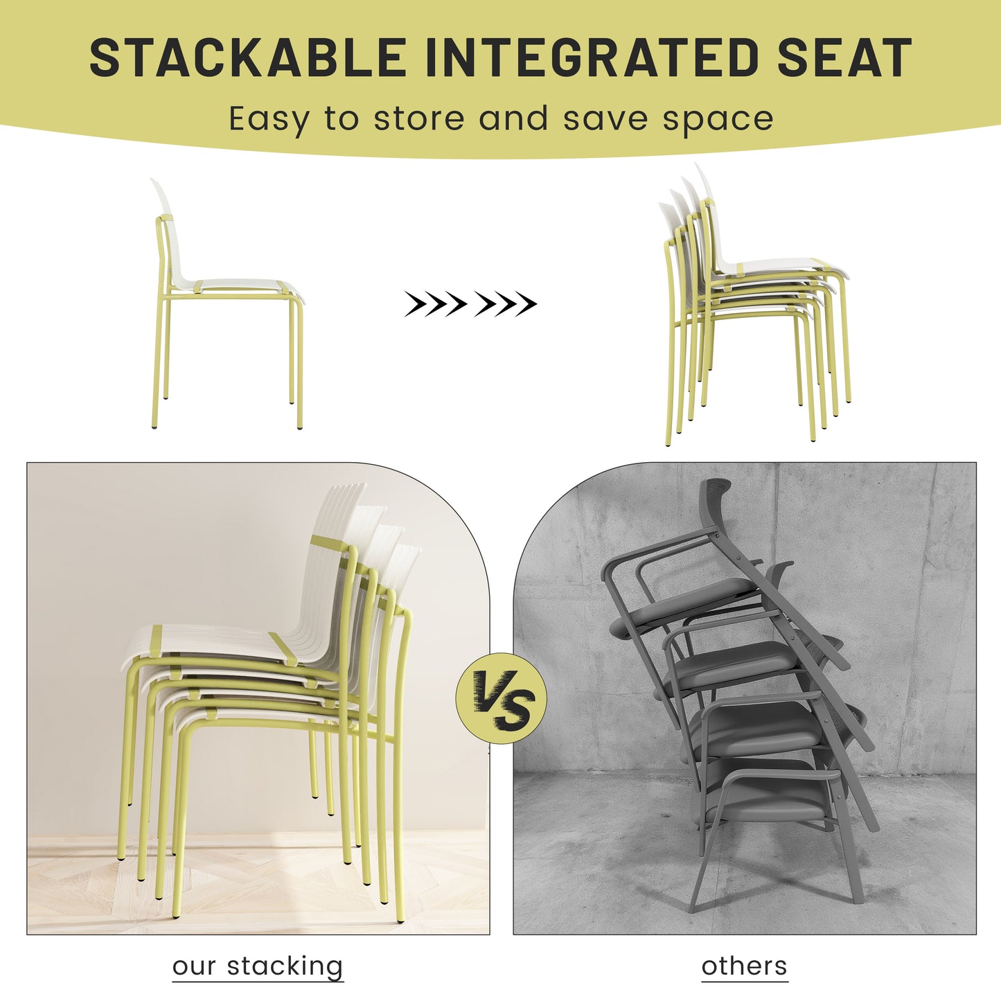 Summer - 4-Pack Modern Striped Color Block Chairs - Waterproof PP Seat & Sturdy Metal Legs, Indoor/Outdoor Dining Set for Patio, Balcony, Café (White & Yellow)