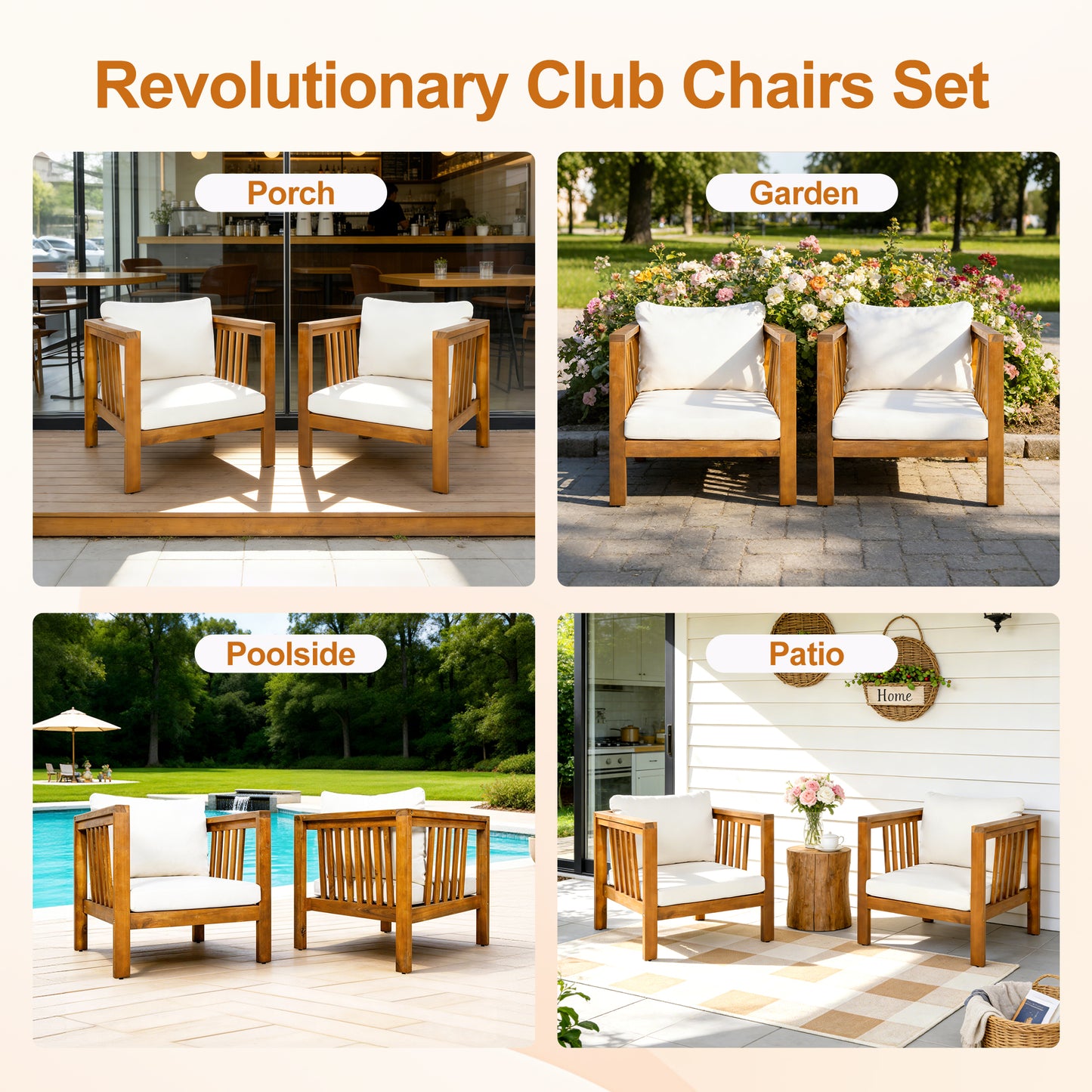 Set of 2 Outdoor Acacia Wood Club Chairs with Modern Square Arms, 2-Piece Patio Conversation Set with Thick Cushions, Adjustable Leveling Feet for Poolside, Backyard & Deck, Beige Cushions