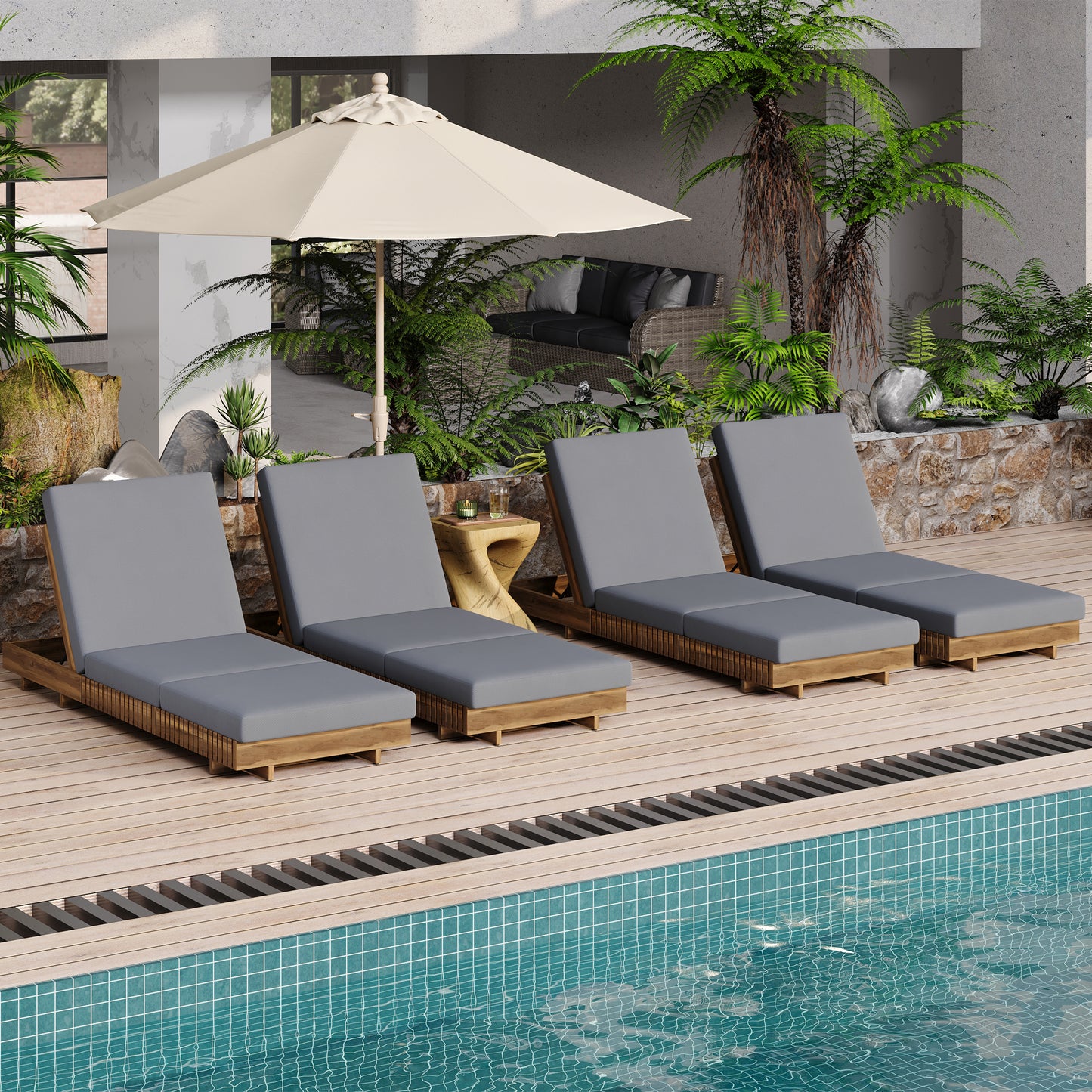 Lounge chaise Set, Acacia solid wood with  LOUNGE CUSHION (Dark Grey+TRIPLE FOLDS) - Matching Cream Version Available