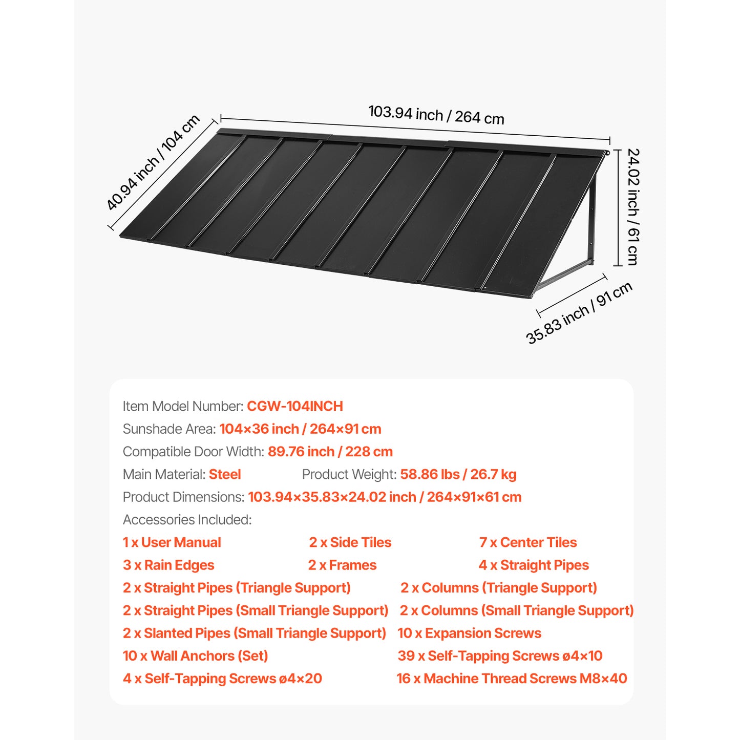 Window Awning Door Canopy 104x36 in Outdoor Steel Front Door Awnings Anti-Rust