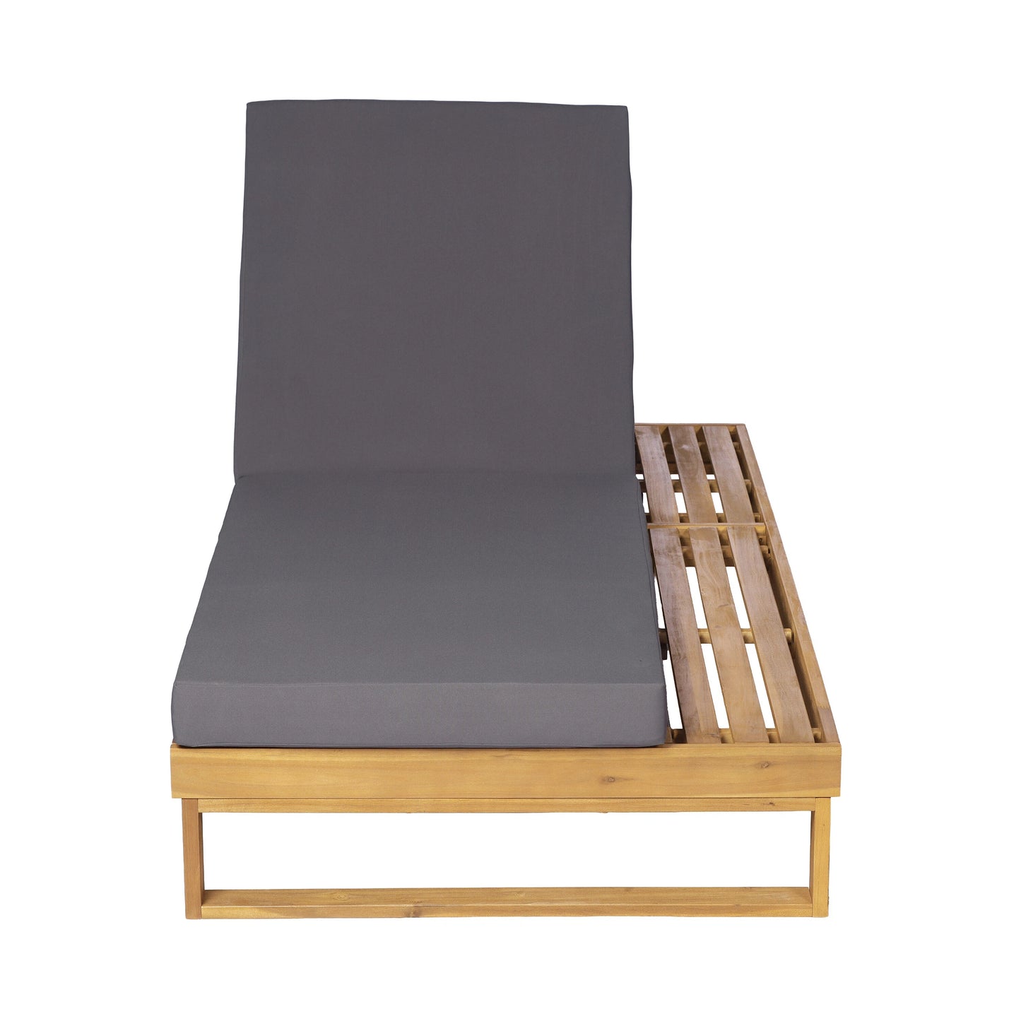 Teak Finish Acacia Wood Chaise Lounge with 4-Inch Dark Grey 2-Fold Cushion Set, 4-Position Adjustable Outdoor Patio Lounger with Flat Side Surface, for Poolside - Matching cream version available