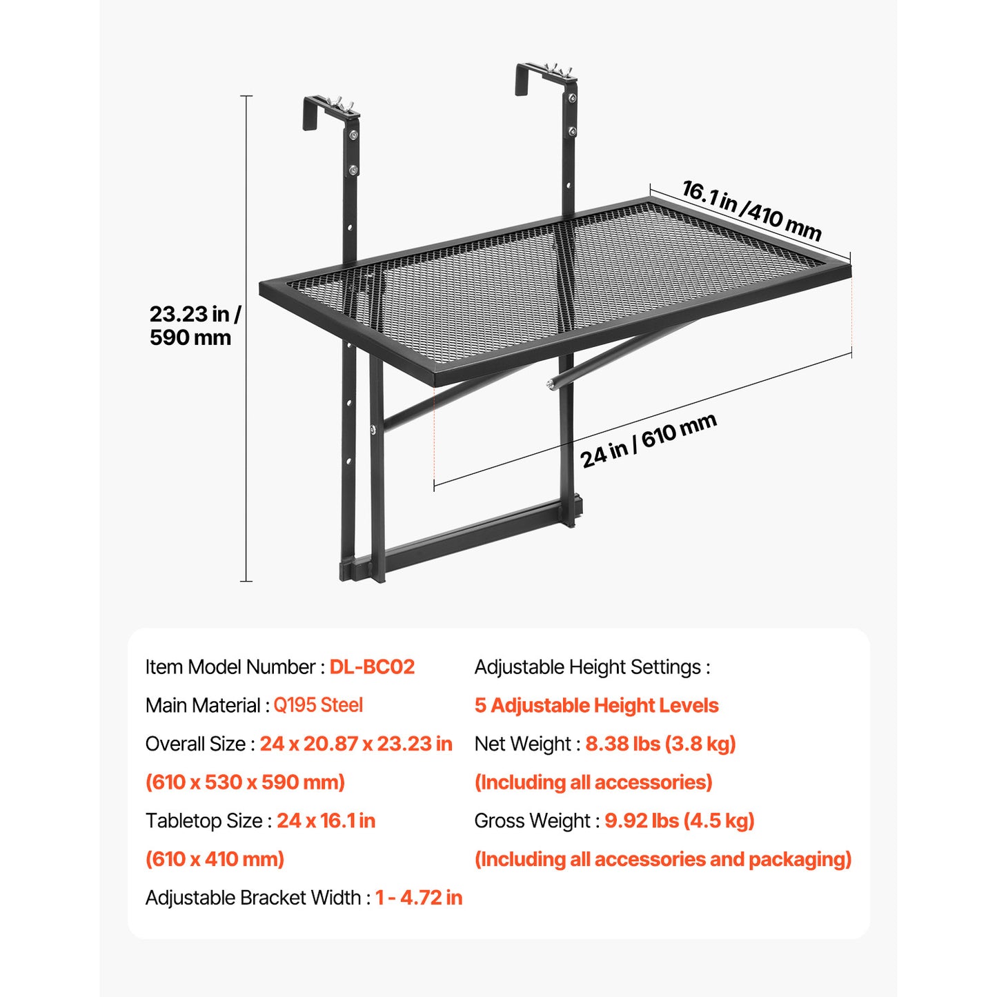 Balcony Hanging Table 19 x 24 in Outdoor Metal Patio Railing Table Adjustable