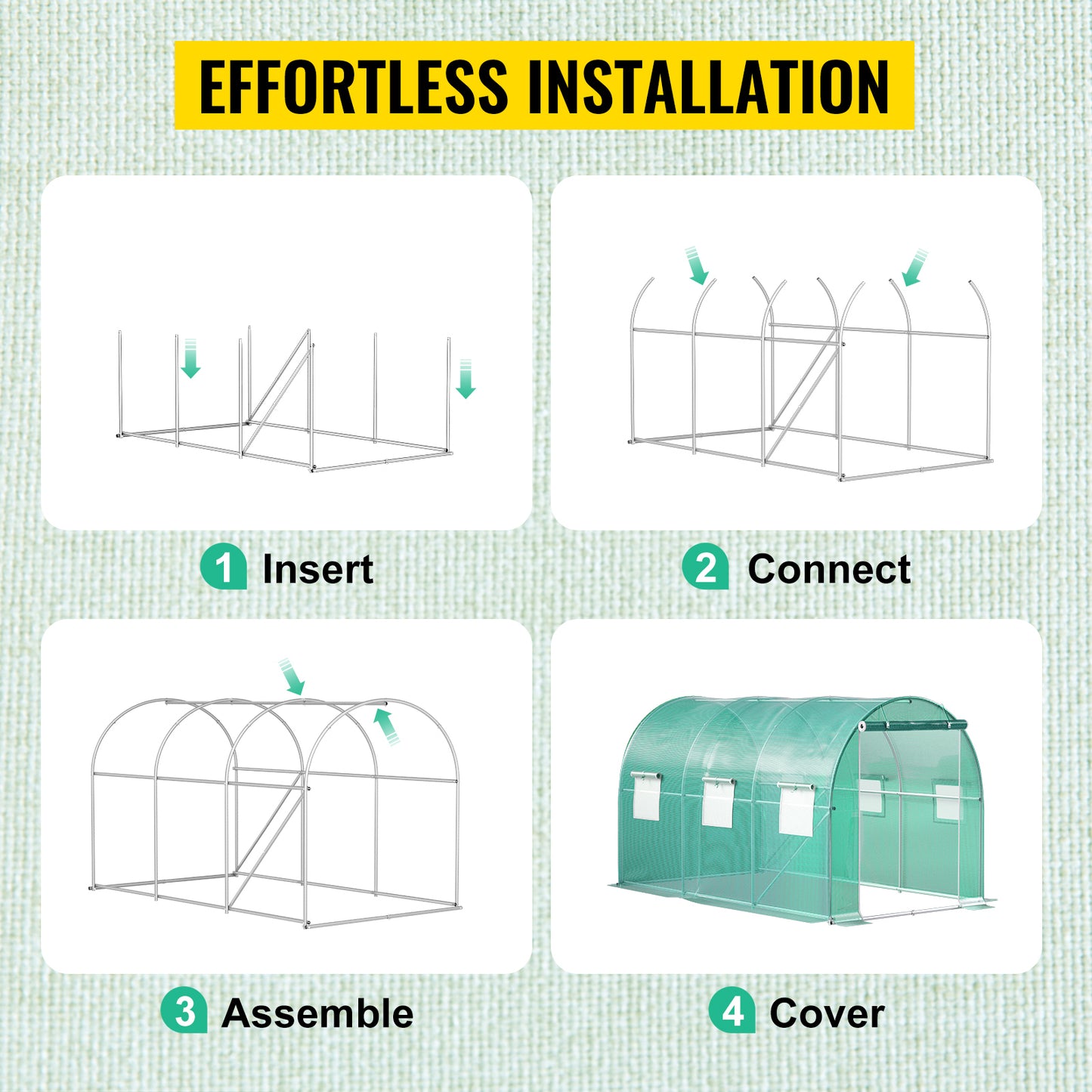 Walk-in Tunnel Greenhouse, 12 x 7 x 7 ft Portable Plant Hot House w/ Galvanized Steel Hoops, 1 Top Beam, Diagonal Poles, Zippered Door & 6 Roll-up Windows, Green