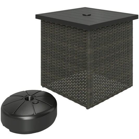 Outsunny All Weather Wicker Side Table with 1.5" Umbrella Hole, Square Outdoor End Table with UV-Resistant Frame, Storage Space for Patio, Mixed-Brown