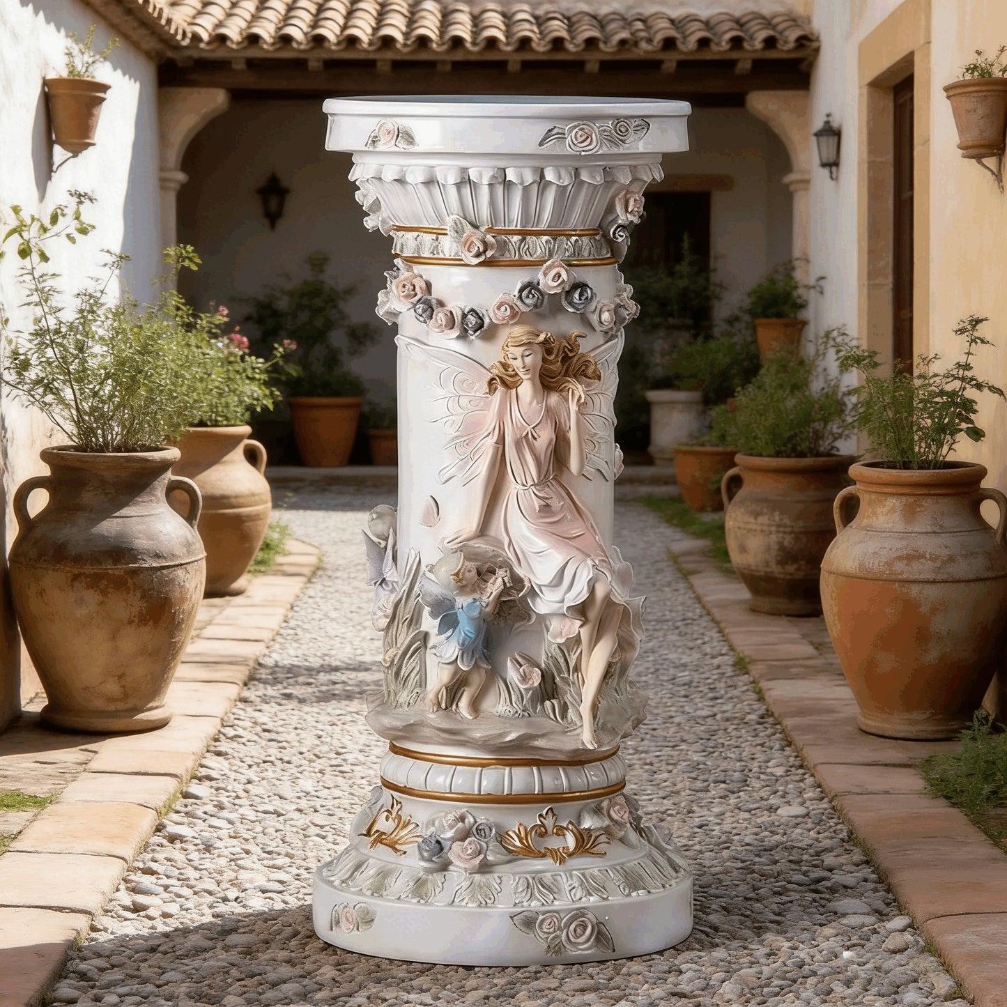33" Luxury Vintage Roman Column Pedestal, Resin Pillar with Fairy & Floral Relief, Elegant Display Stand for Living Room, Entryway & Home Aesthetic Decor