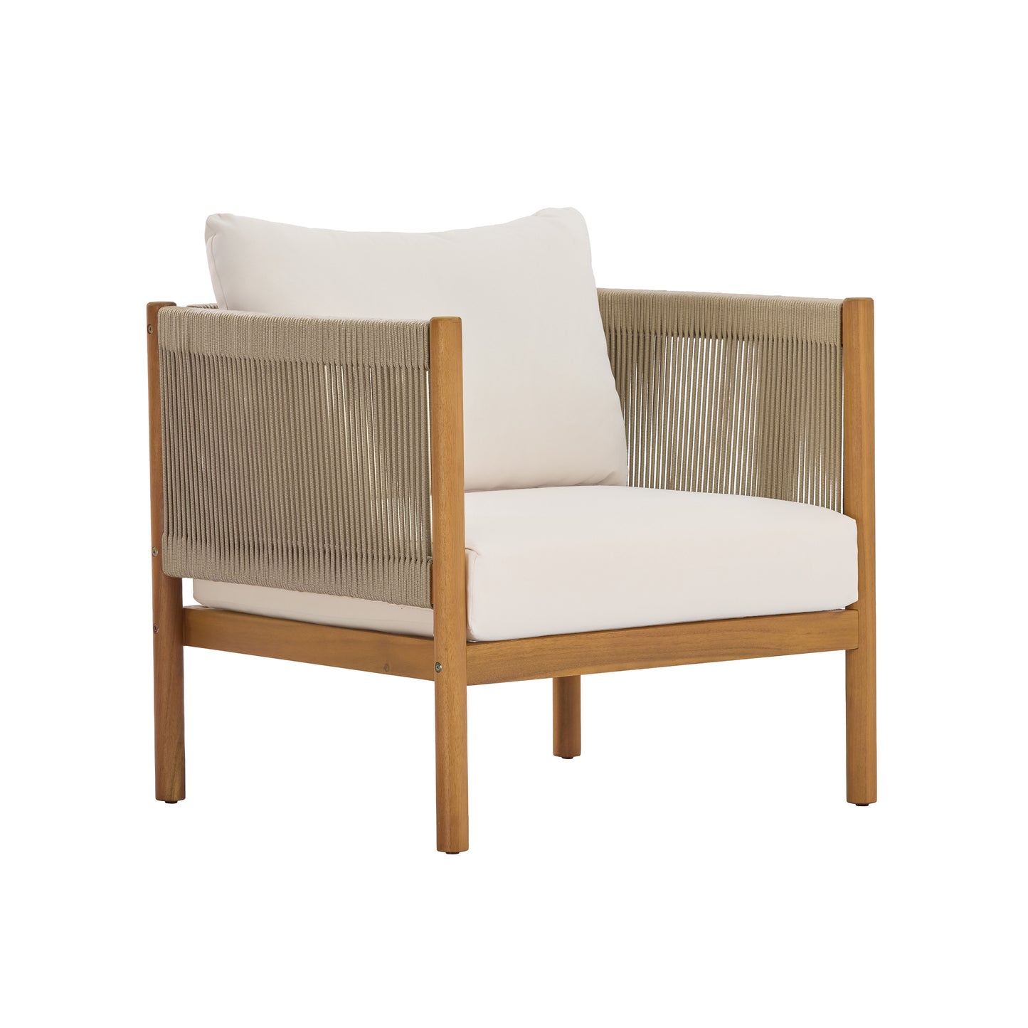 Outdoor Club Chair with Acacia Wood Frame in Teak Look, Beige Rope Panels and Cream Cushions