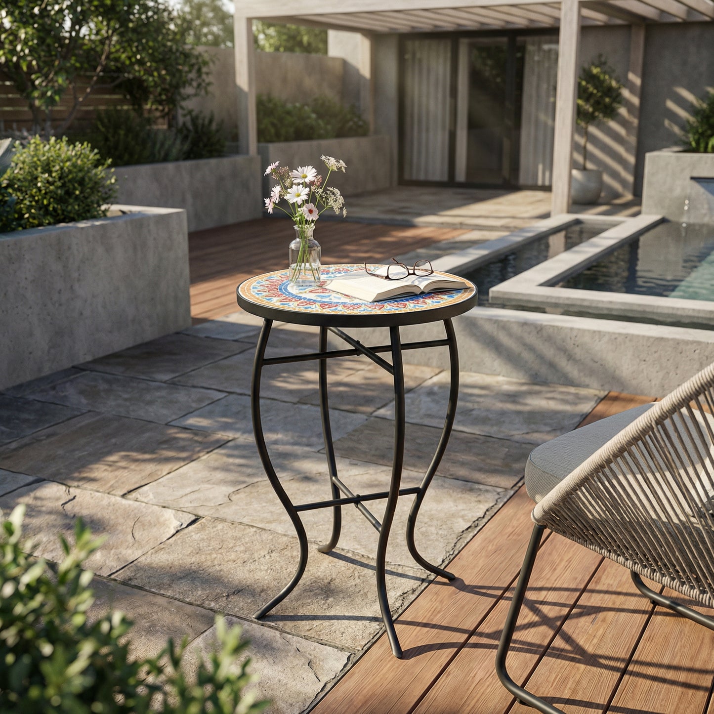 Outdoor Round Side Table with Mosaic-Style Top and Curved Iron Legs, Red and Matte Black