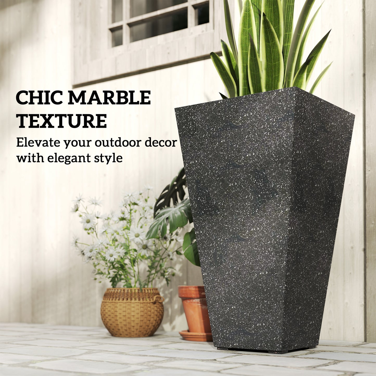 Outsunny 28" Tall Planters, Set of 3 Plastic Flower Pots with Marble Finish and Drainage Holes, Stackable Tapered Outdoor Planters, Black