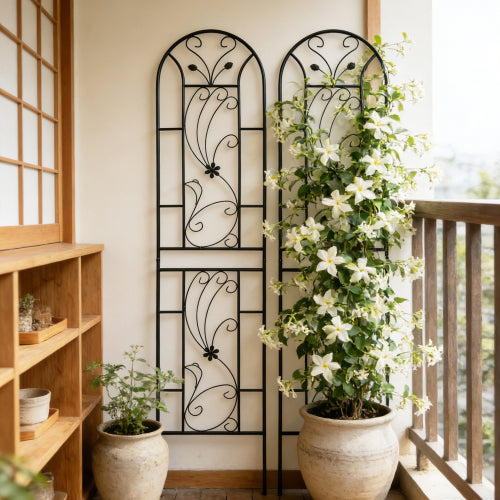 86.7 in. Black Iron Garden Trellis Outdoor Climbing Plant/Flower Support (2-Pack) Flower Design