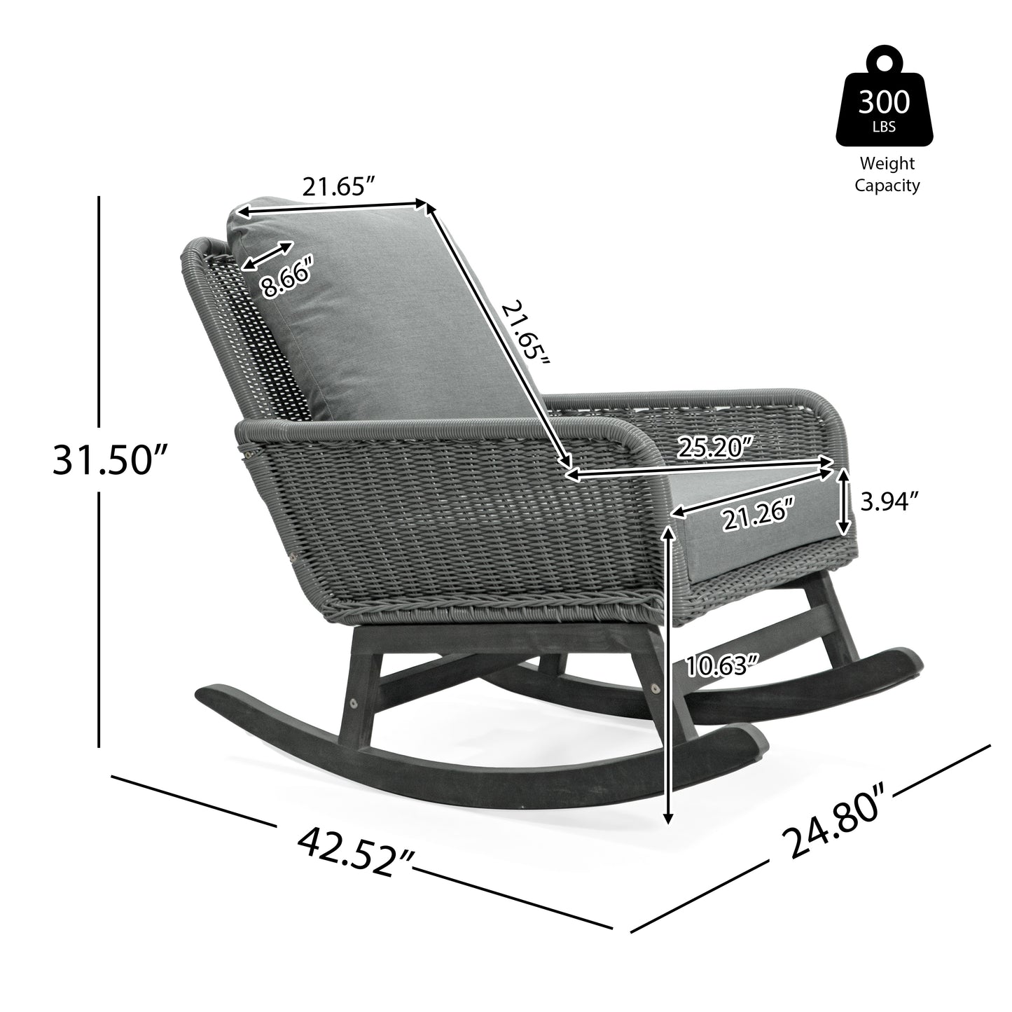 Contemporary Minimalist Gray Wicker Rocking Chair with Soft Polyester Cushions and Durable Wooden Frame, Perfect for Indoor and Outdoor Spaces like Patio, Balcony, or Living Room