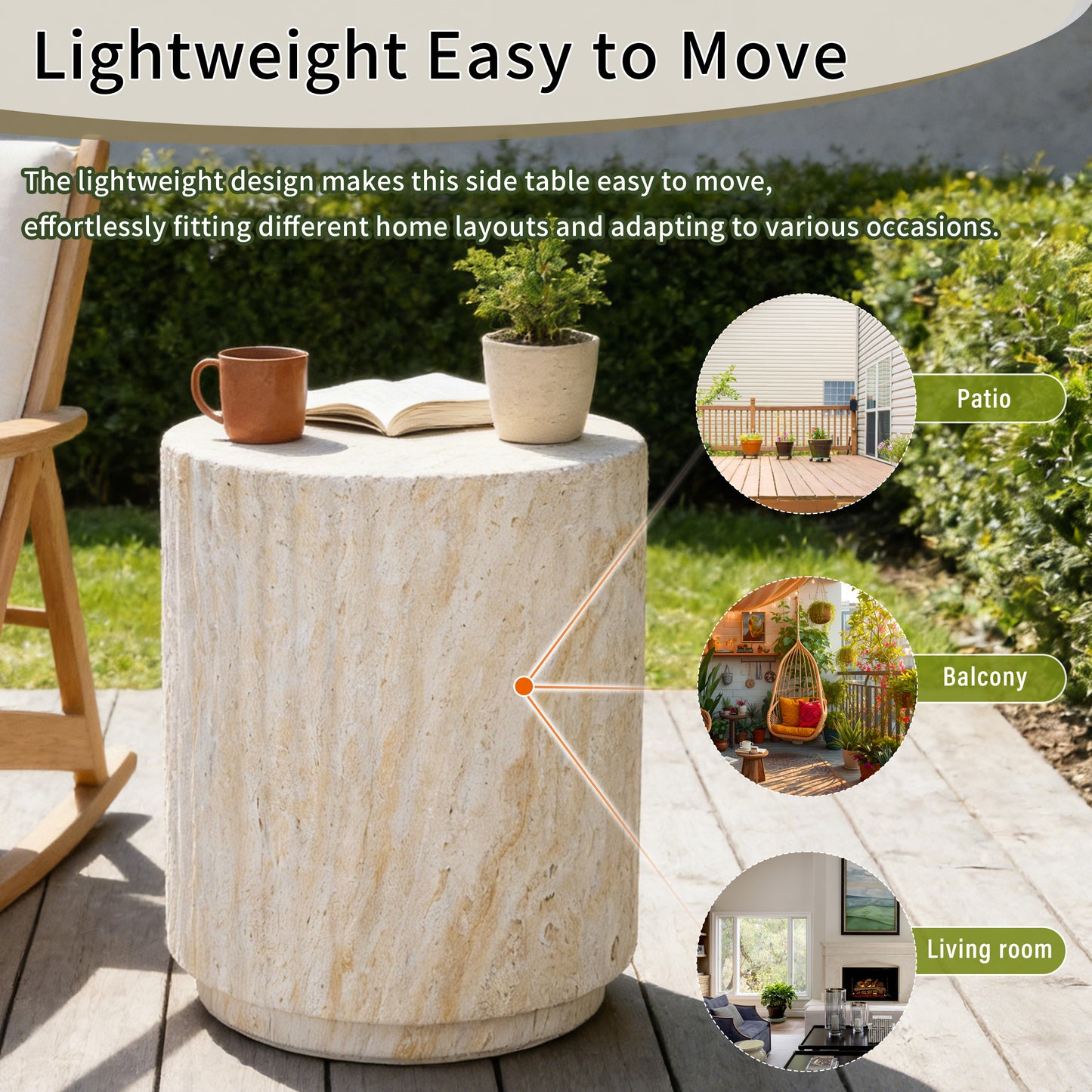 U_Style COSIEST Outdoor Side Table, Cylinder Shaped MgO Patio End Table, Lightweight Accent Table with Wave Design, Round Plant Stand Tool for Garden And Balcony