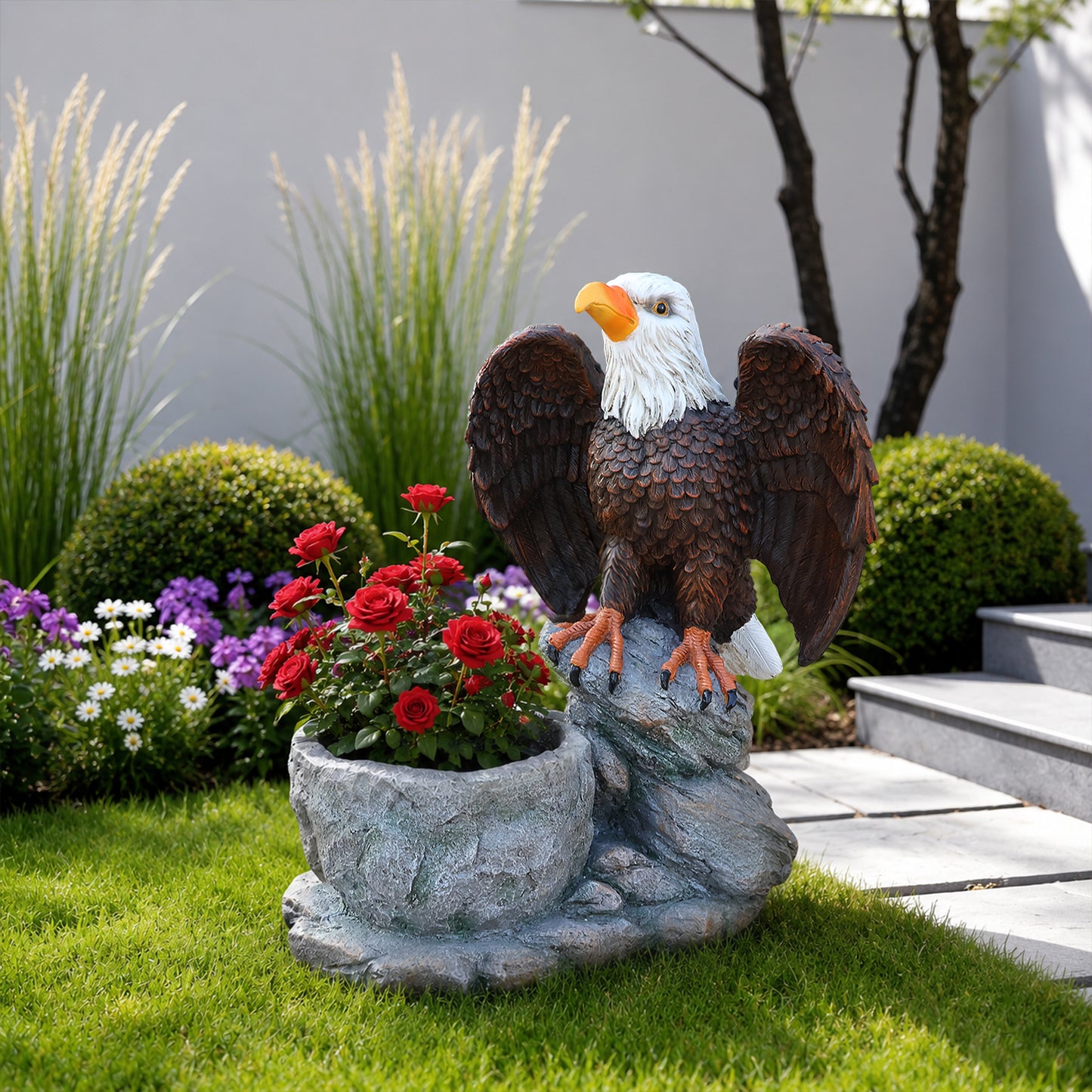 Standing Eagle Statue Garden Planter on Faux Stone Base - Rustic Wildlife Decorative Flower Pot for Outdoor Patio & Home Decor