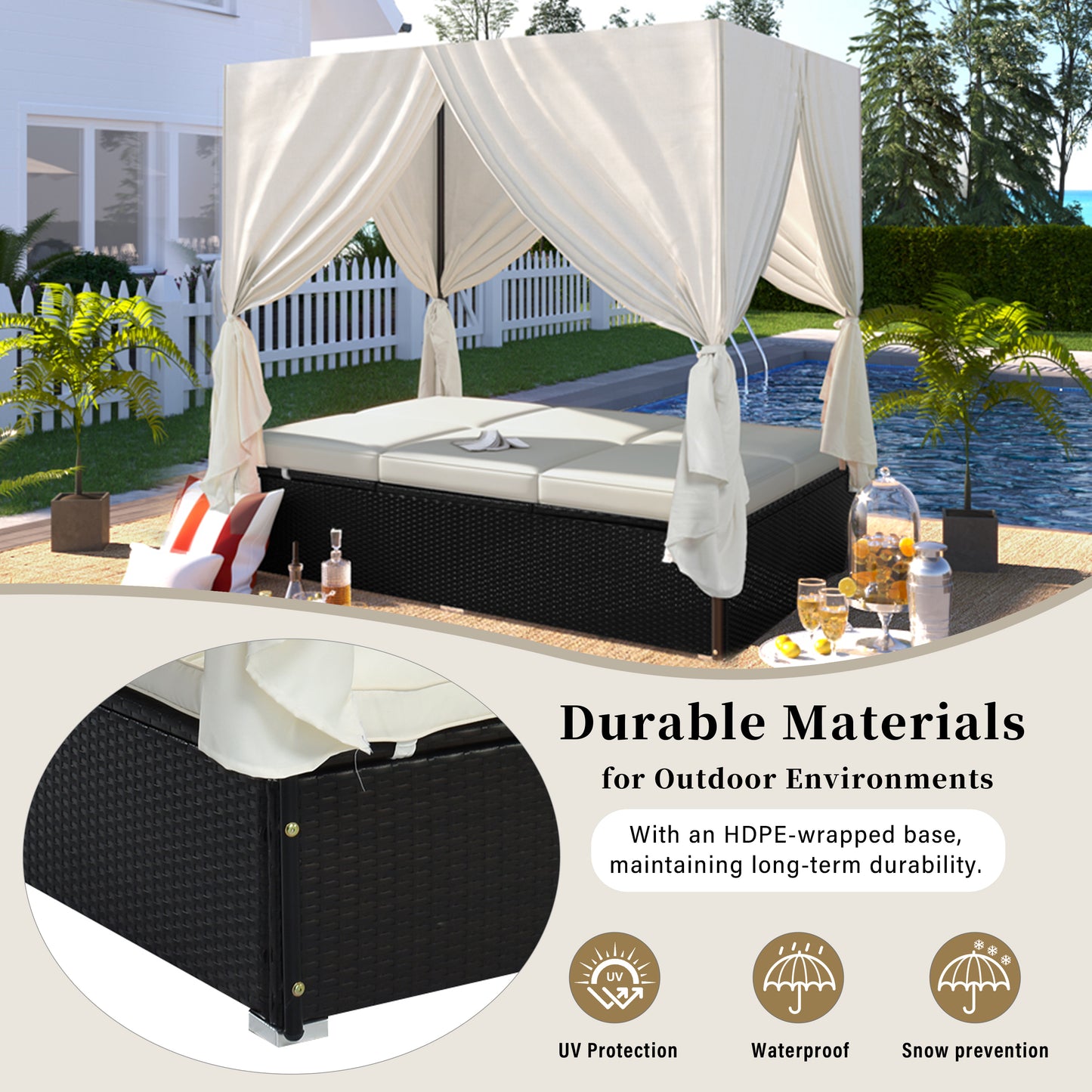 U_STYLE Outdoor Double Chaise Lounge Daybed with Curtains,Patio Outdoor Sunbed with Adjustable Backrest, Sturdy Steel Frame Loveseat Sofa for Backyard,Poolside, Terrace
