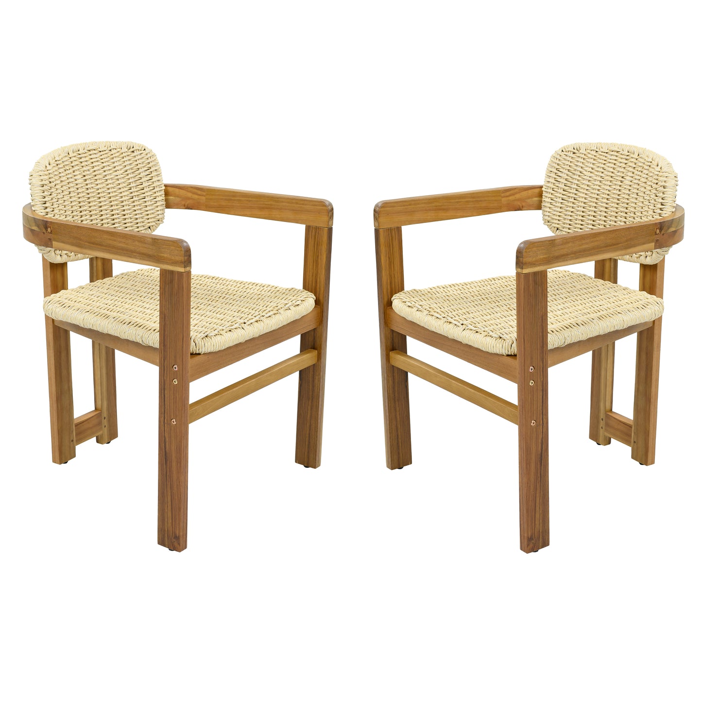 Outdoor Woven Rattan Chair Set Two Accent Chairs Stylish Outdoor Armchairs 2 Person Seating Group Ergonomic Garden Chairs for Patio, Outdoor, Teak Finish+Natural Rattan