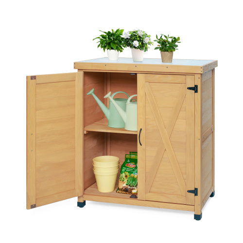 Outdoor 31 in. Potting Bench Table with Rustic Wood Storage Cabinet and Metal Table Top for with 2-Tier Shelves