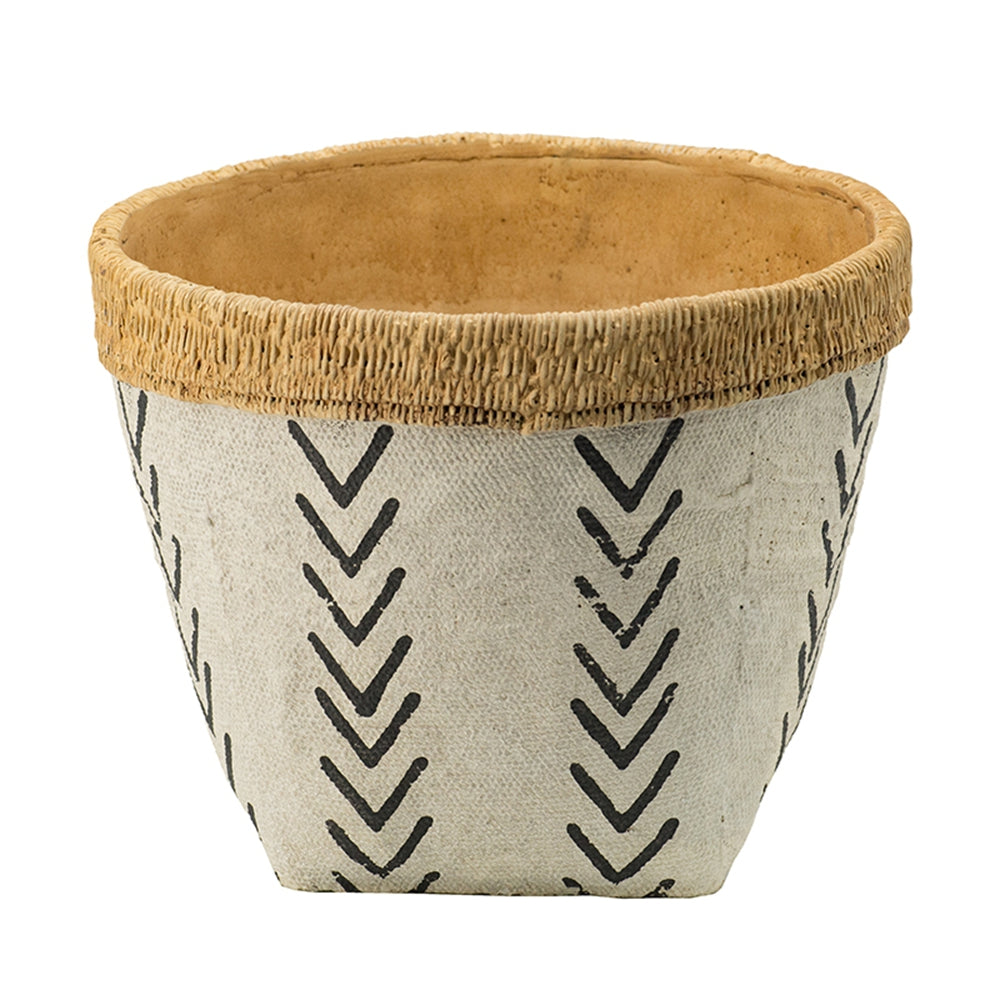 Set of 2 White and Brown Cement Planters with V Pattern, L:D10x8"  S:D8x6.5"