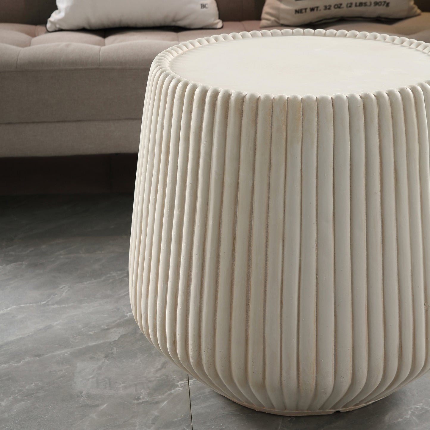 Off-White Magnesium Oxide Fluted Tapered Side Table  16.54" Top Diameter Round End Table