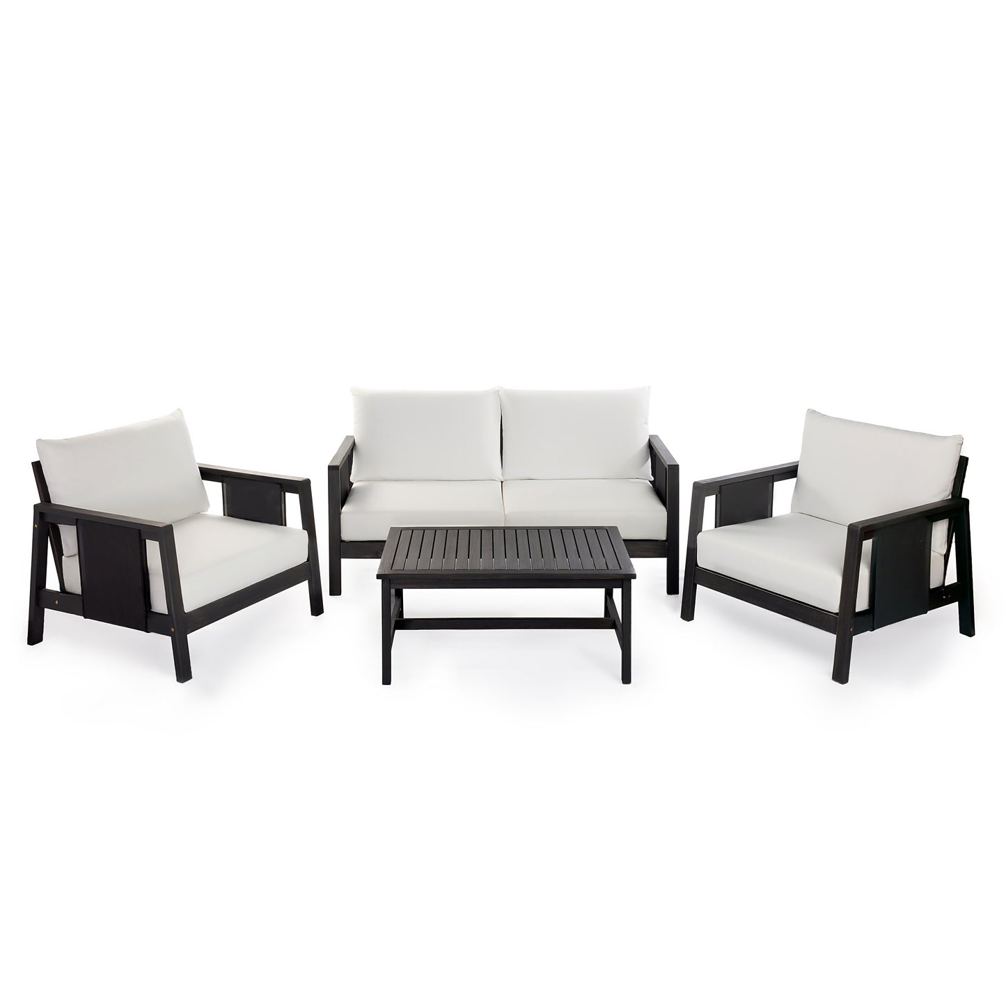 Outdoor Club Chair, Acacia Wood Frame with Black Textilene Accents, Water-Repellent White Cushions for Patio/Backyard/Deck