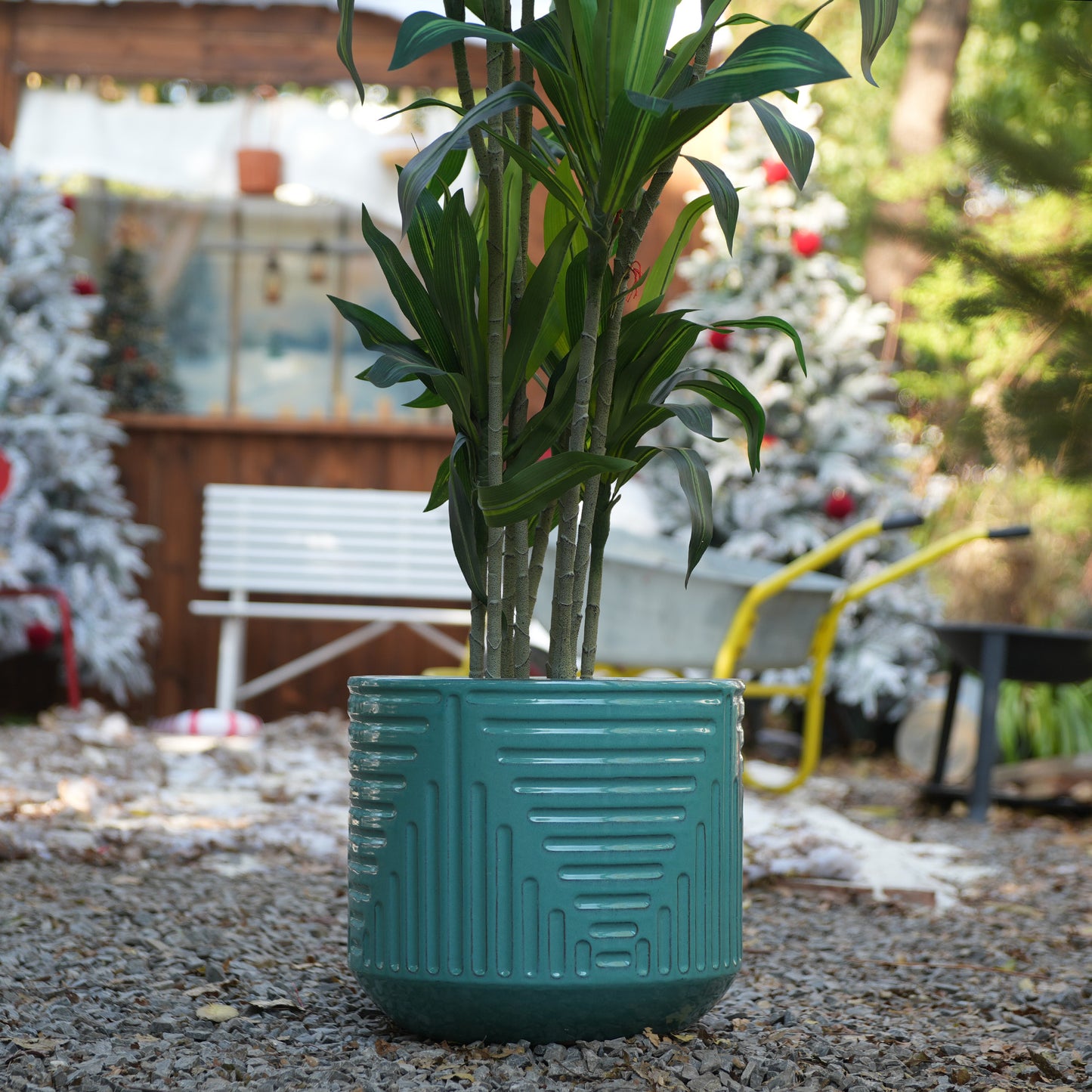 Handmade Ceramic Planter, 16 Inch Diameter, Teal Green with Textured Groove Pattern, for Monstera and Fiddle Leaf Fig, Indoor/Outdoor Doorway Use, Breathable Clay