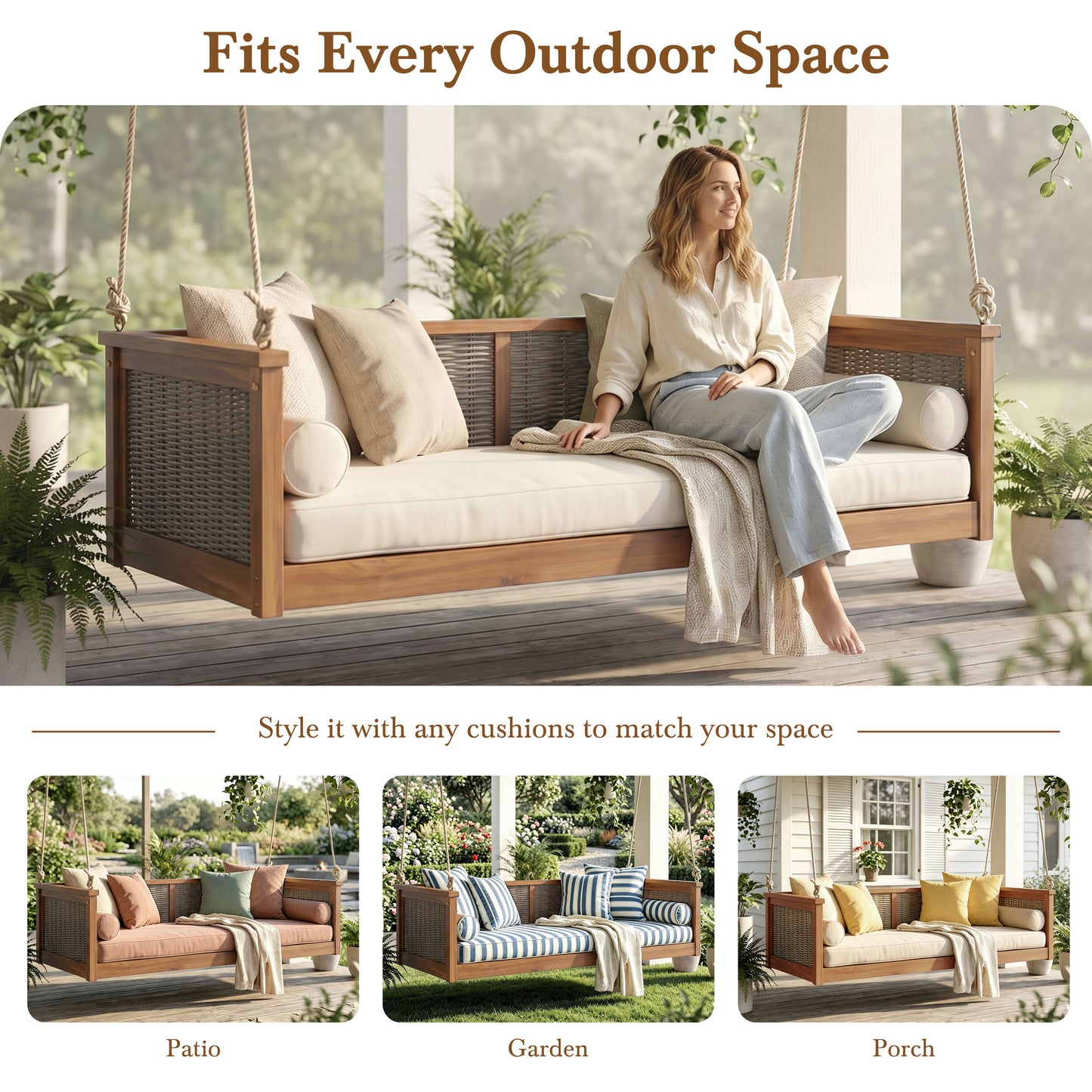 TOPMAX Outdoor Classic Solid Wood Twin Size Swing Bed,Garden Porch Rattan Swing Frame with Long Ropes for Poolside, Backyard,TEAK