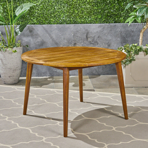 47.25" Round Acacia Wood Dining Table with Teak Finish, Modern Slatted Patio Table for Indoor & Outdoor Use