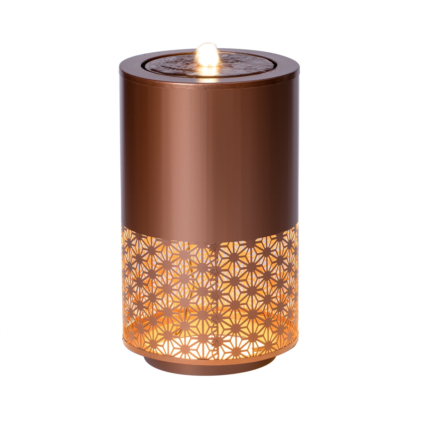 20.87"H Brown Metal Cutout Outdoor Water Fountain with LED Lights, Modern Freestanding Candle Style Water Feature for Patio Backyard Decor