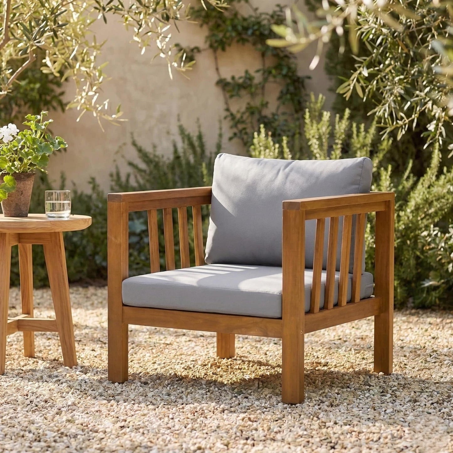 Outdoor Acacia Wood Club Chair with Modern Square Arms, Patio Chair with Thick Cushion, Adjustable Leveling Feet for Poolside, Backyard & Deck, Grey Cushion