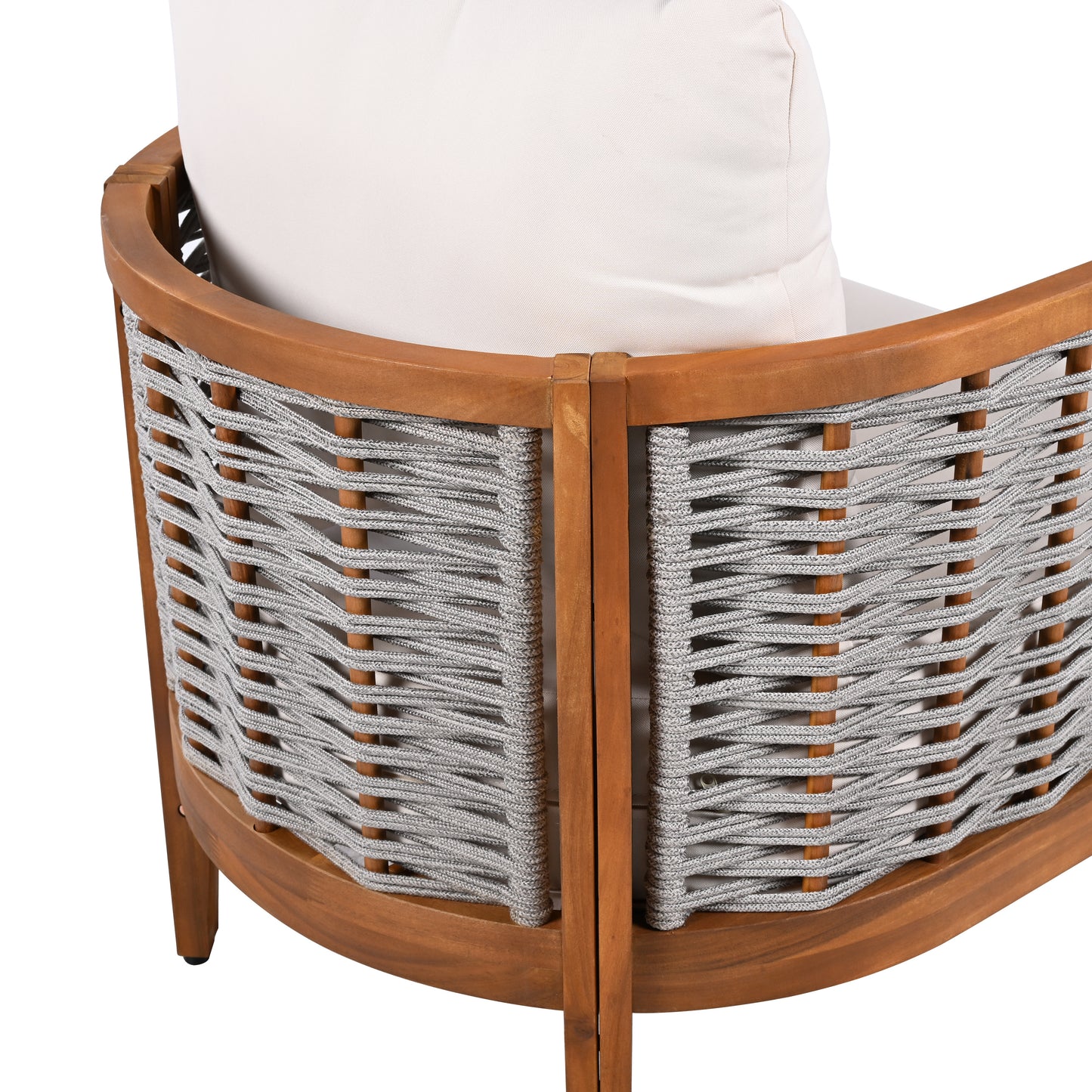 2 Pieces Outdoor Unique Tub Design Armchair with Woven Rope, Patio Furniture Acacia Wood Chair, Deep Seating with Soft Cushions for Porch, Garden, Backyard, Balcony, Teak Finish & Beige Cushion