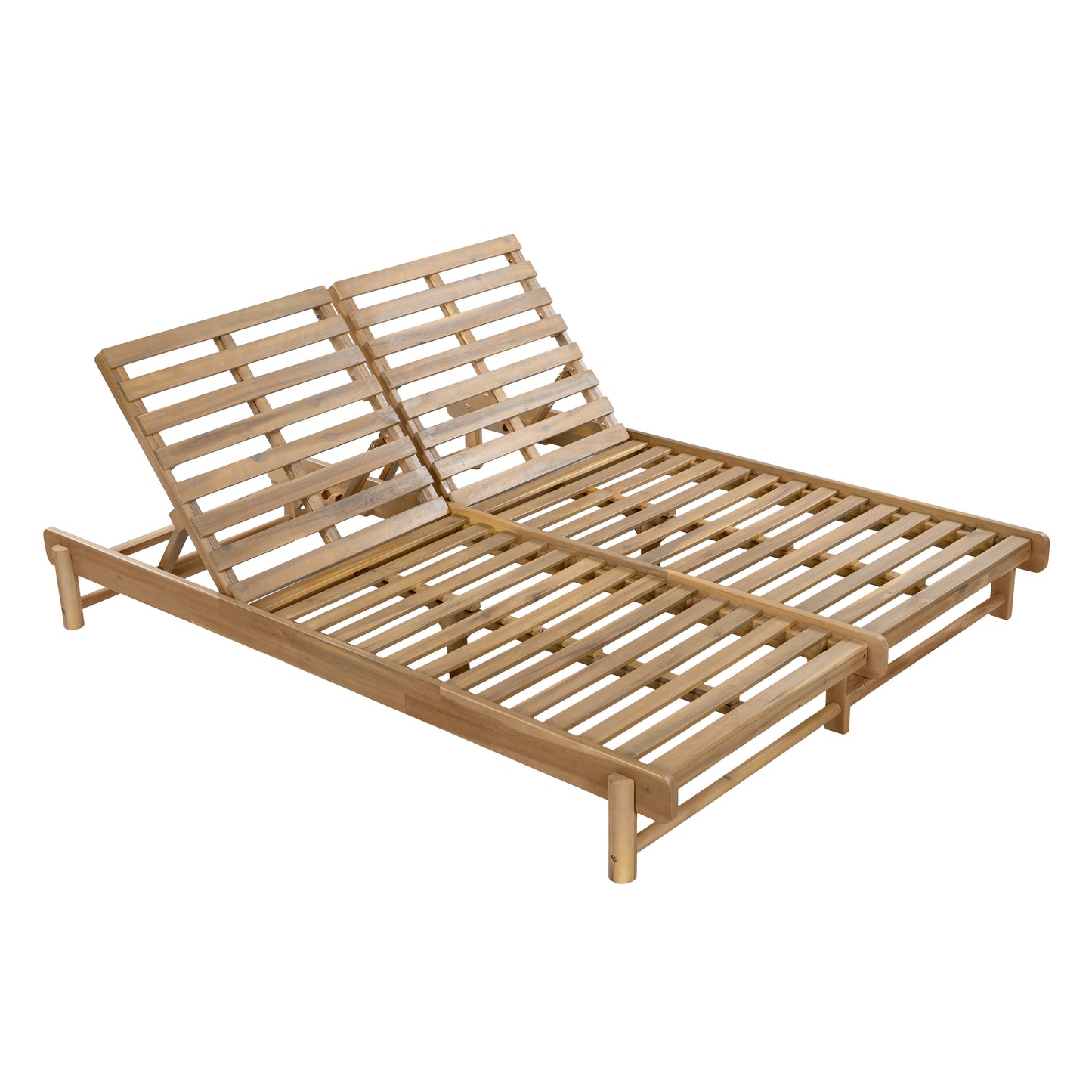Light Teak Acacia Wood Double Chaise Lounger Set: 1 Frame + 2 Cream Cushions, 800 lbs Capacity, 3-Position Adjustable Backrest, 4" Thick 3-Fold Water-Resistant Cushions for Patio Poolside Backyard
