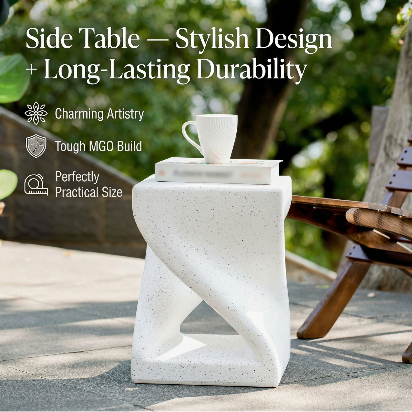 Outdoor White Marble Modern Twisted-Base Terrazzo-Speckled All-Weather MGO Side Table – Indoor End Table for Home, Office & Patio Decor