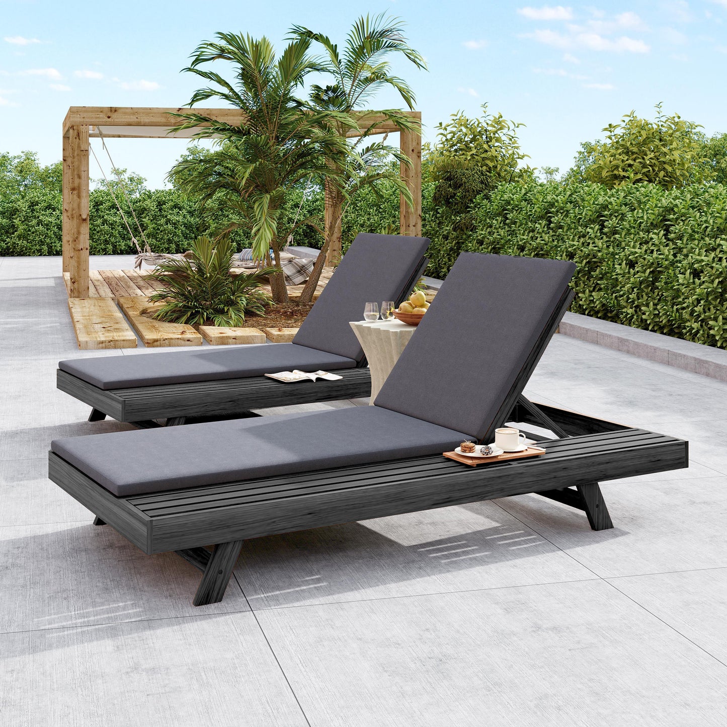 Lounge Chaise Set, Space Available On One Side, Acacia Wood In Black With Water-Resistant Lounge Cushions (Dark Grey & 2 Inch Thick) – Matching Cream/Leaf Coconut Version Available
