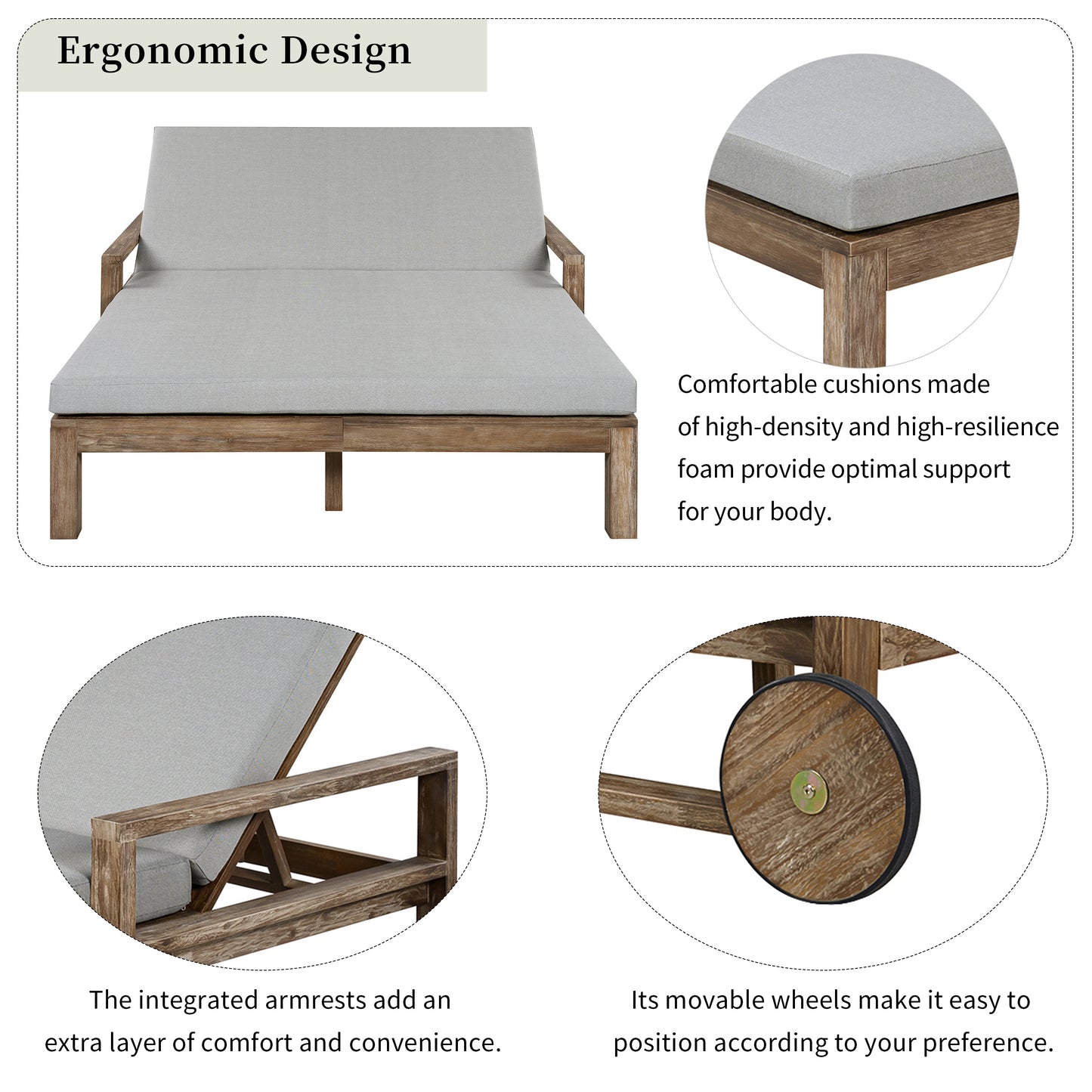 TREXM 1-Piece Farmhouse-styled Wooden Outdoor Sunbed for Ultimate Relaxation Outdoor Daybed Seating 2 People for Poolside, Garden and Backyard (Grey)