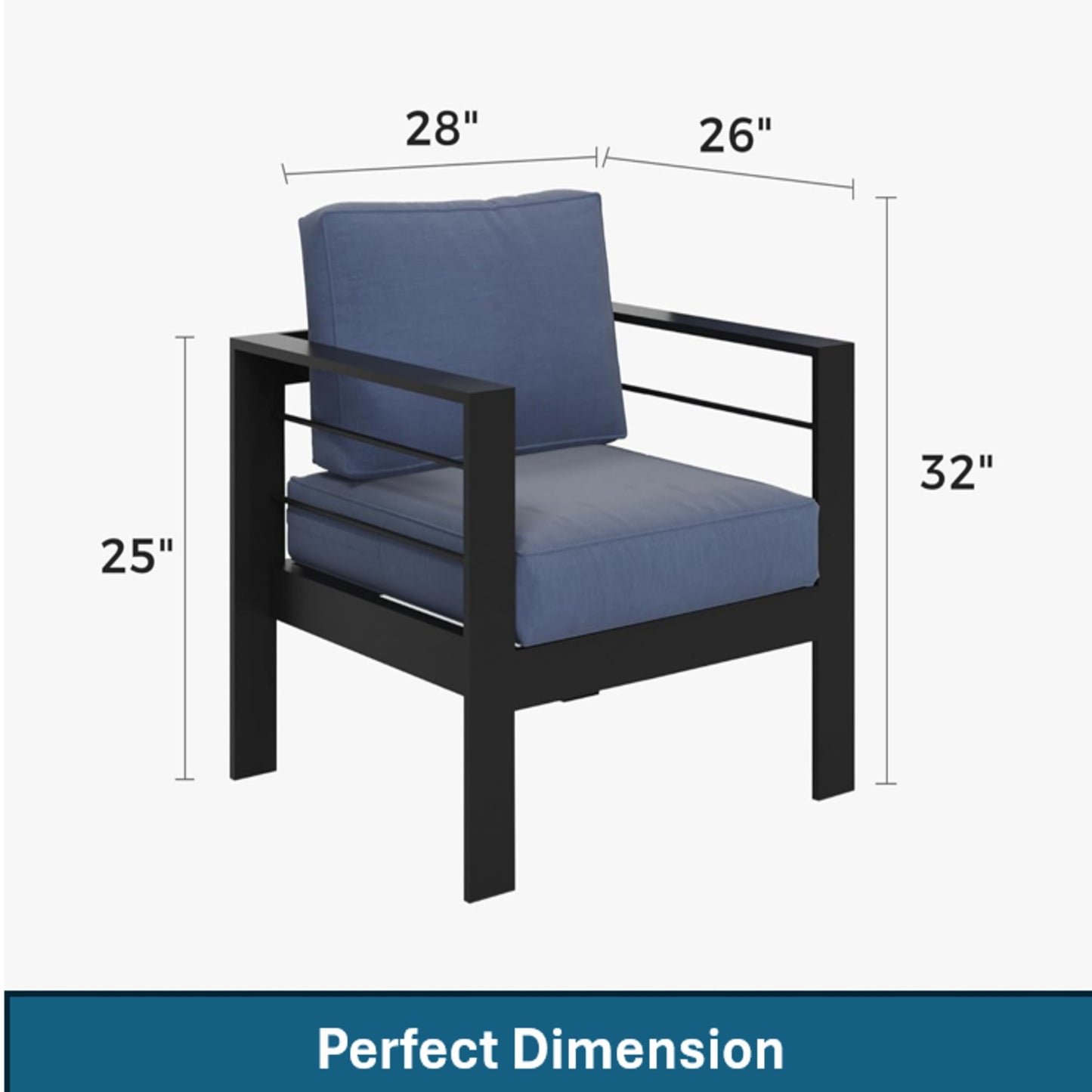 2-Pack 28" All-Weather Aluminum Patio Armchairs with Thick Blue Cushions & Black Frame