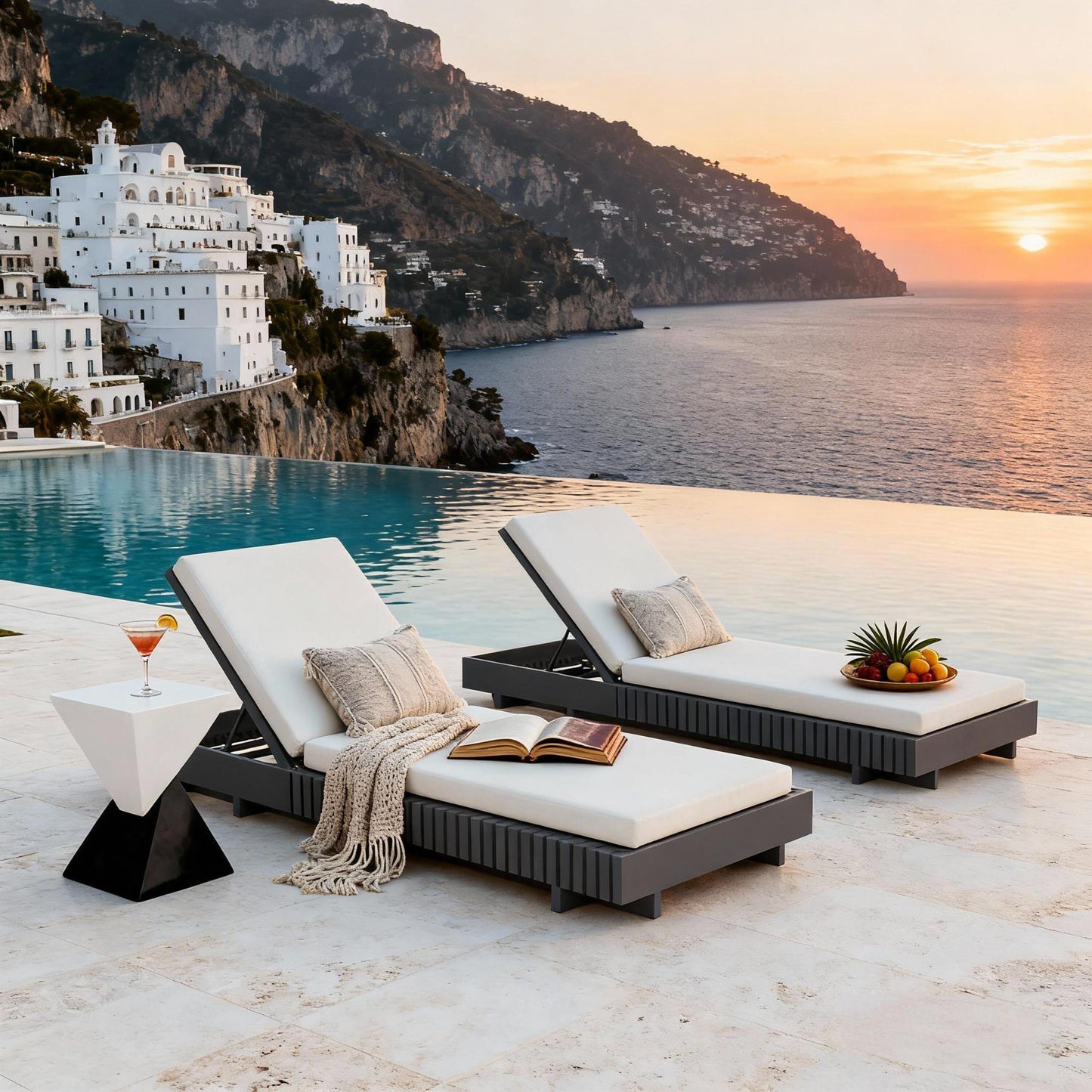 Dark Gray Acacia Solid Wood Outdoor Chaise Lounge with Cream Water-Repellent Cushion, 400lbs Capacity, Modern Patio Sun Lounger for Garden, Poolside