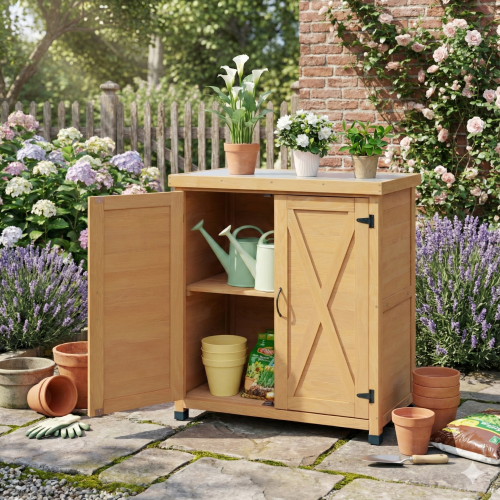 Outdoor 31 in. Potting Bench Table with Rustic Wood Storage Cabinet and Metal Table Top for with 2-Tier Shelves