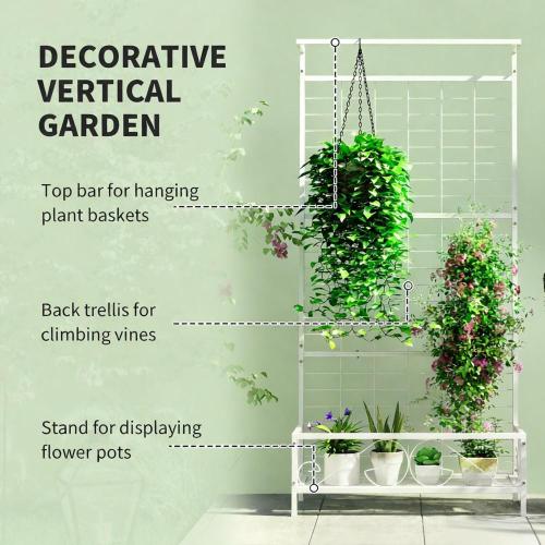 Metal Plant Stand with Trellis and Hanging Bar, Indoor Outdoor Use, White (74.2 in. H)